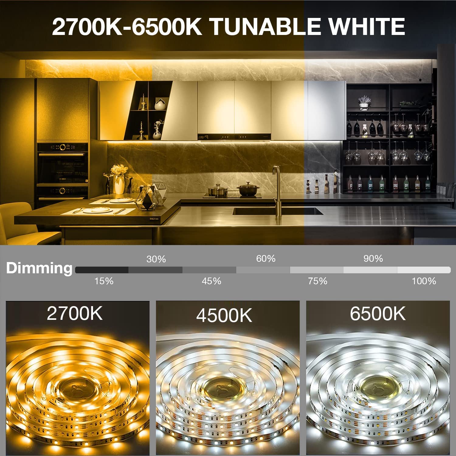 DAYBETTER 20ft Dimmable Under Cabinet LED Strip Lights Kit - 360 LEDs, Tunable White (2700K-6500K), Remote Control, 6 x 3.28ft Strips - Perfect for Kitchen Cabinets, Countertops, Shelves & Home Decor with Timer Function