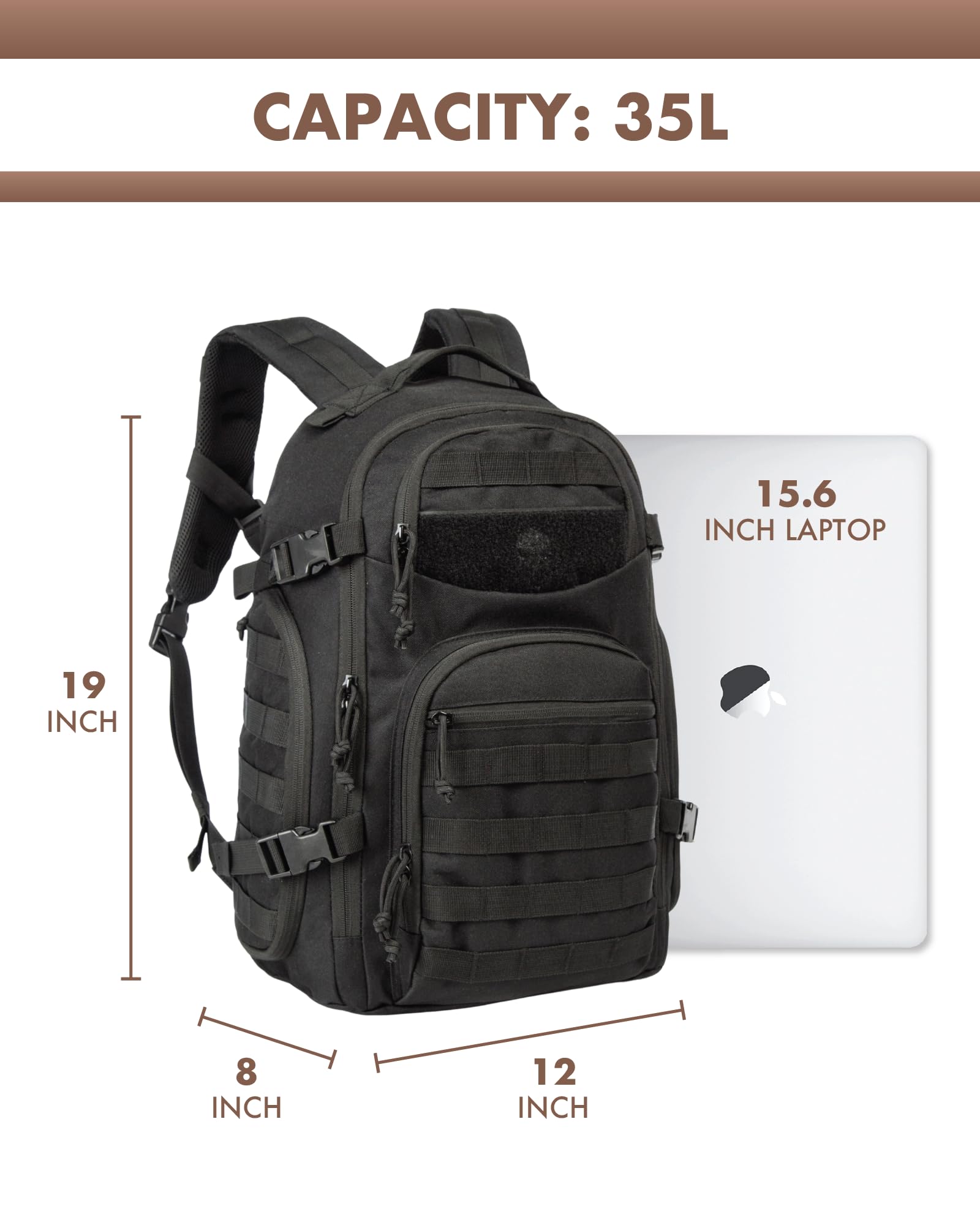 Tactical Laptop Backpack for Men - Durable Military Style Backpack with Laptop Compartment (Black) - Perfect for Work, Travel & Outdoor Adventures