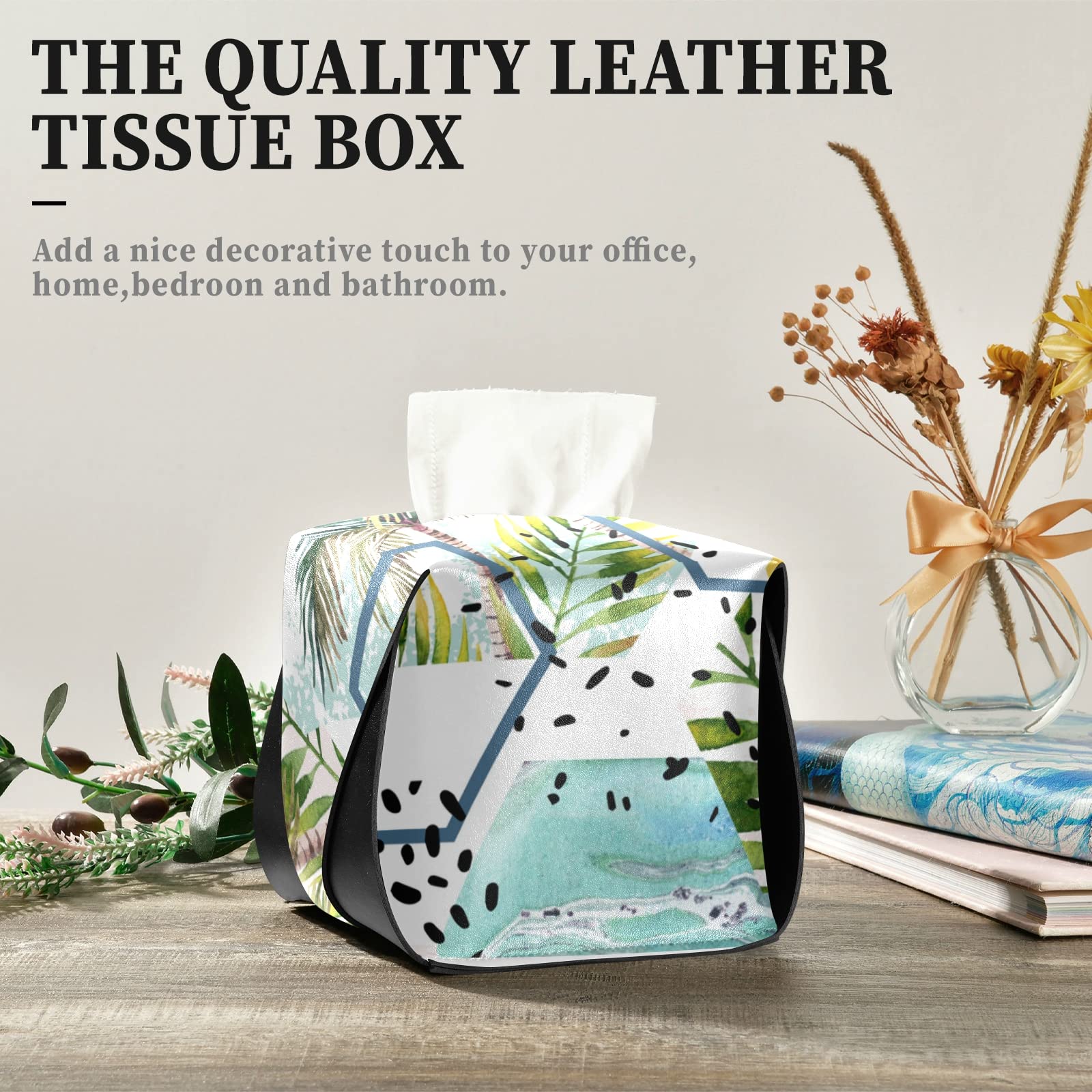 Elegant Hexagon Marble-Pattern Leather Tissue Box Cover with Handle - Tropical Leaves & Palm Tree Design - 9.4x5.1x3.6 inches - Perfect for Bathroom, Nightstand, Vanity, Office Desk & Car