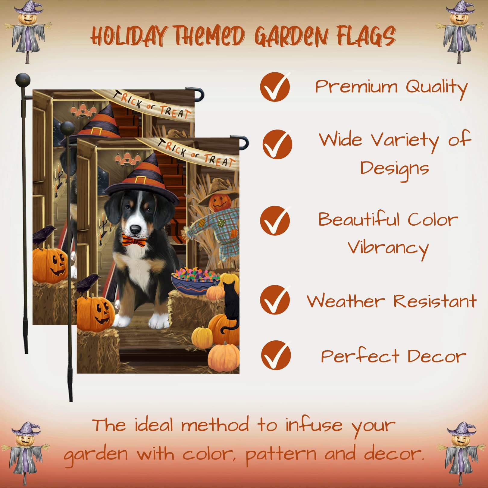 Halloween Greater Swiss Mountain Dog Garden Flag - Double Sided Outdoor Yard Porch Decor, 12.5