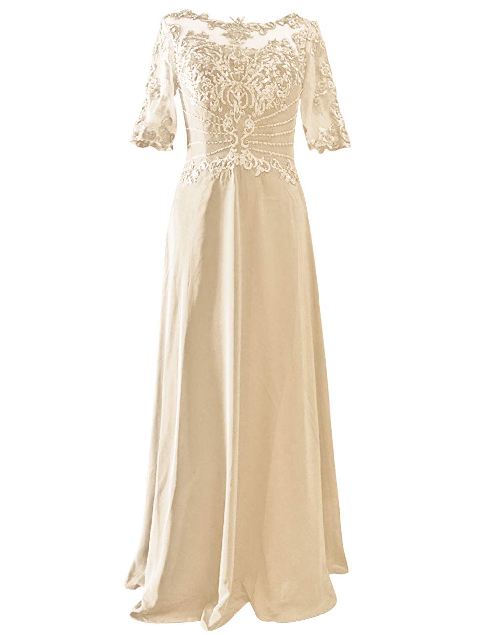 Elegant Mother of The Bride Dresses - Long Formal Evening Gown with Lace Applique & Beaded Short Sleeves for Wedding, Cocktail Party & Special Occasions