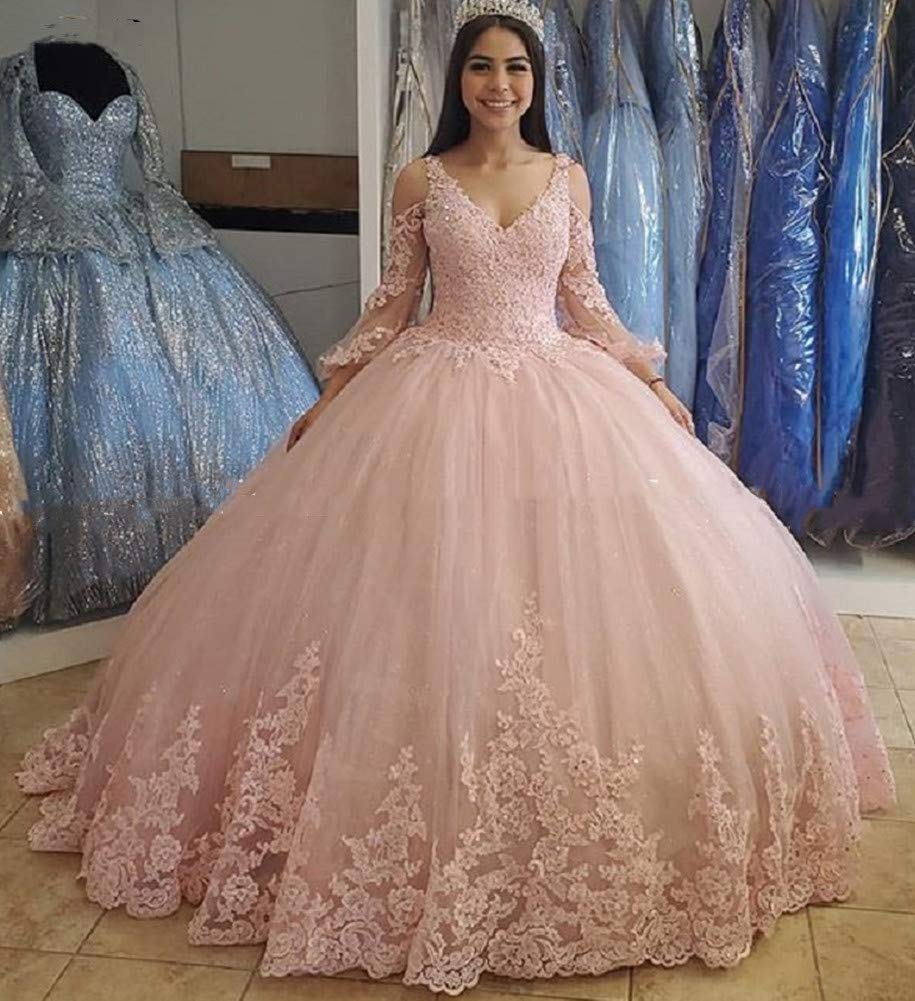 Elegant Women's V Neck Spaghetti Strap Quinceanera Dress with Applique Ball Gown - Perfect for Sweet 16, Prom, Homecoming & Formal Events