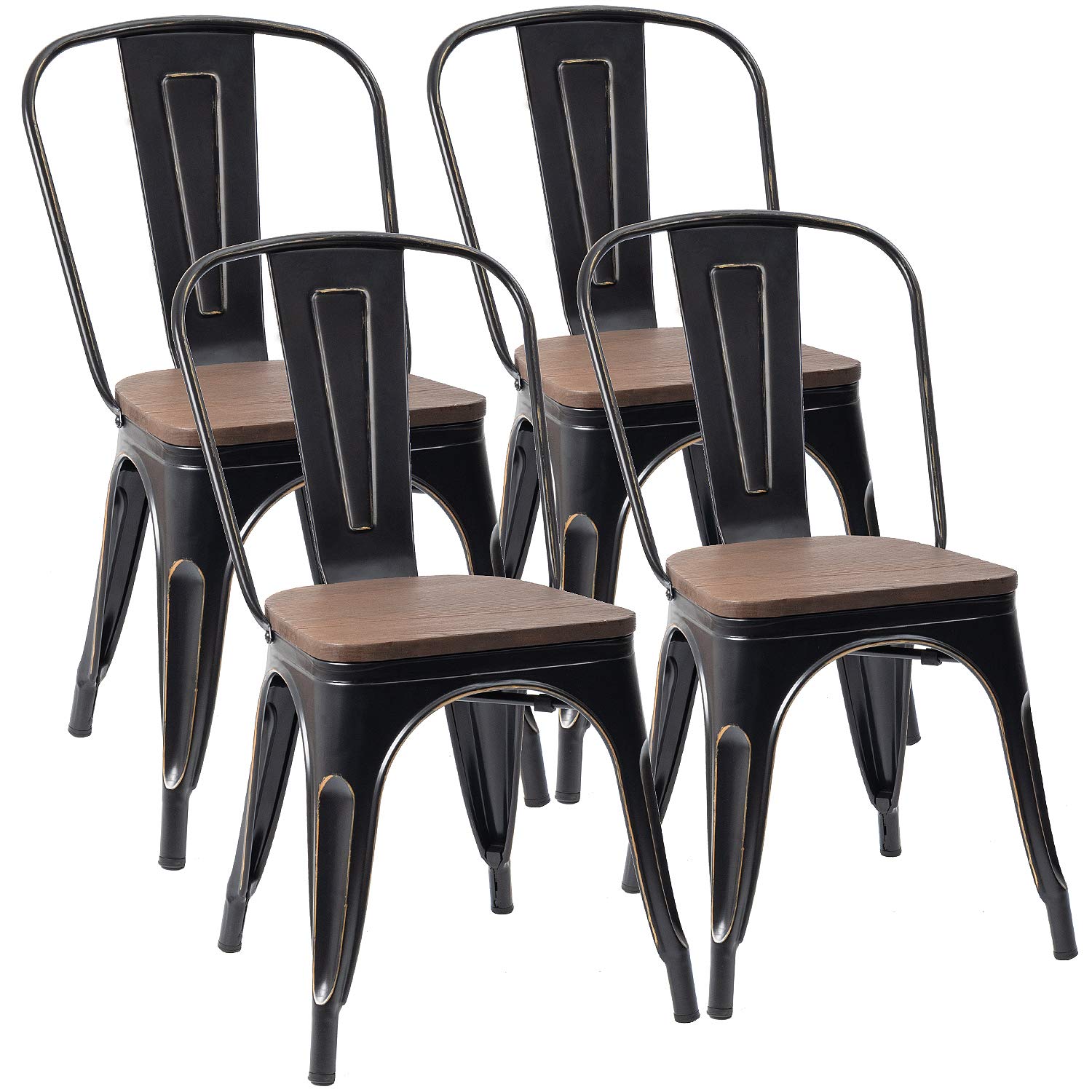 Furmax 4-Pack Black Gold Metal Dining Chairs with Wood Seat - Stackable Indoor Outdoor Bistro Cafe Side Chairs for Patio, Restaurant & Home Dining