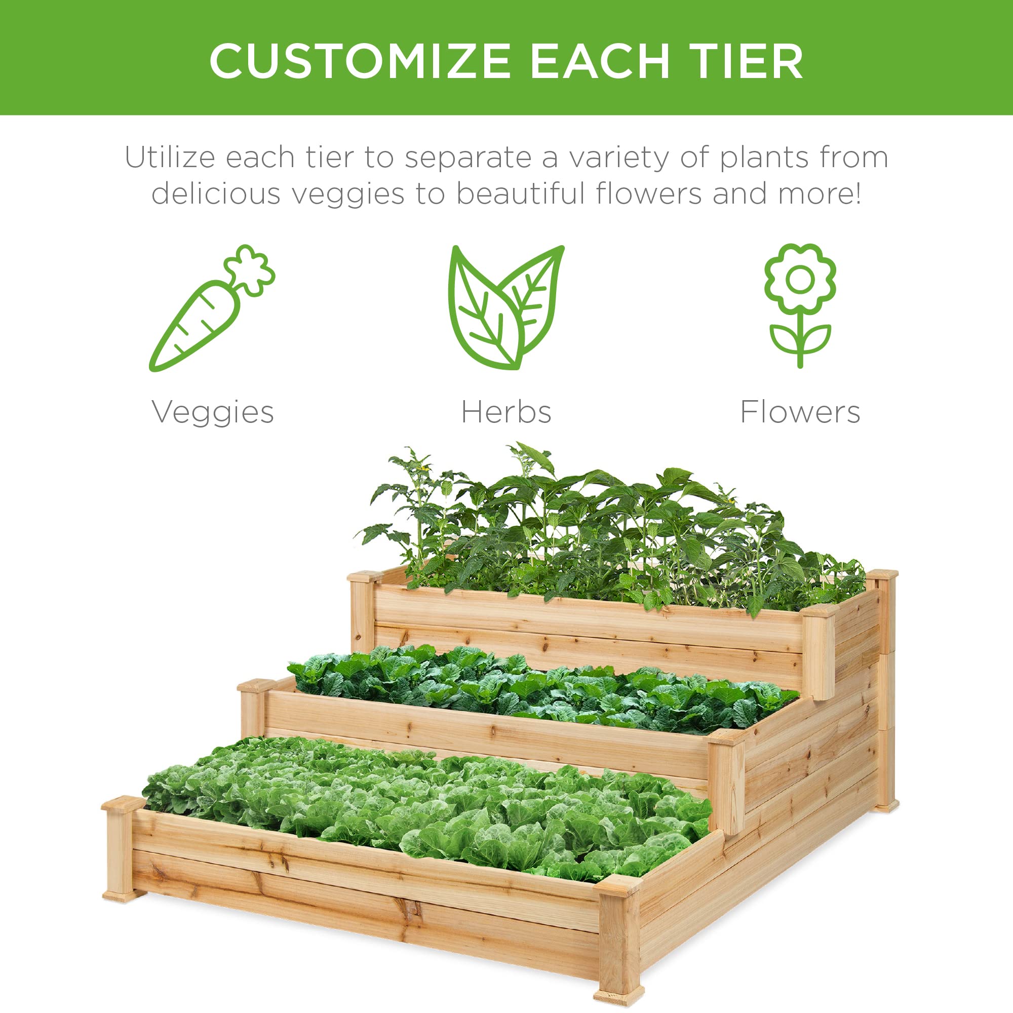 Best Choice Products 3-Tier Fir Wood Raised Garden Bed Planter Kit - Stackable & Flat Arrangement for Plants, Herbs, Vegetables - Easy Assembly Natural Wood Outdoor Gardening Solution for Backyard, Patio, and Urban Farming