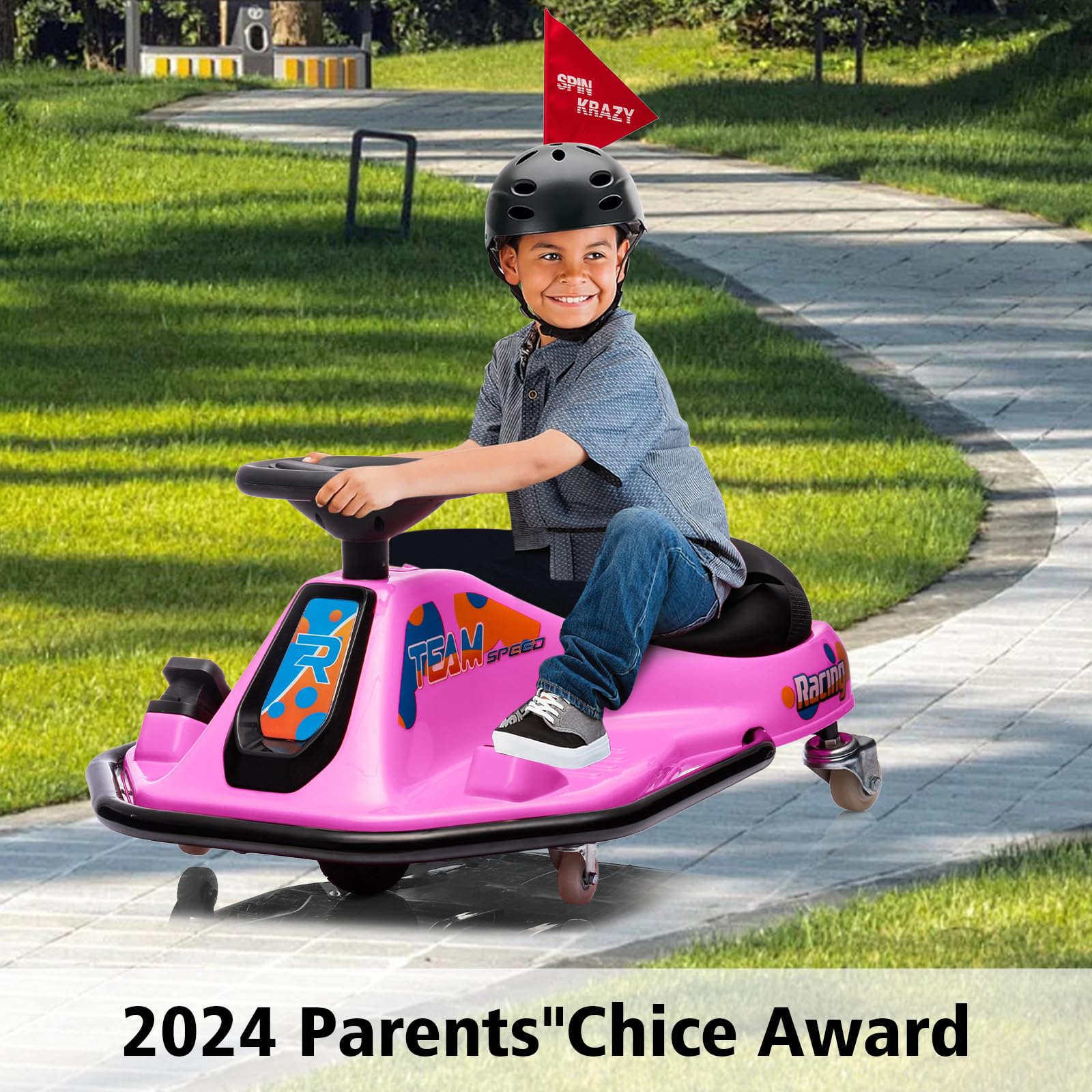 GARVEE 360° Rotating Electric Ride On Drift Car for Kids - 24V Drifting Go Kart with Variable Speed, LED Flashing Lights, Music & Flag | Birthday Gift, Outdoor Play, Backyard Racing Fun (Pink)