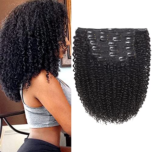Rolisy 14 Inch Kinky Curly Clip-in Human Hair Extensions - 3C/4A Double Weft Brazilian Remy Hair for Black Women (7 Pieces with 24 Clips, Natural Black) | Perfect for Protective Styling, Volume Boost & Everyday Glam