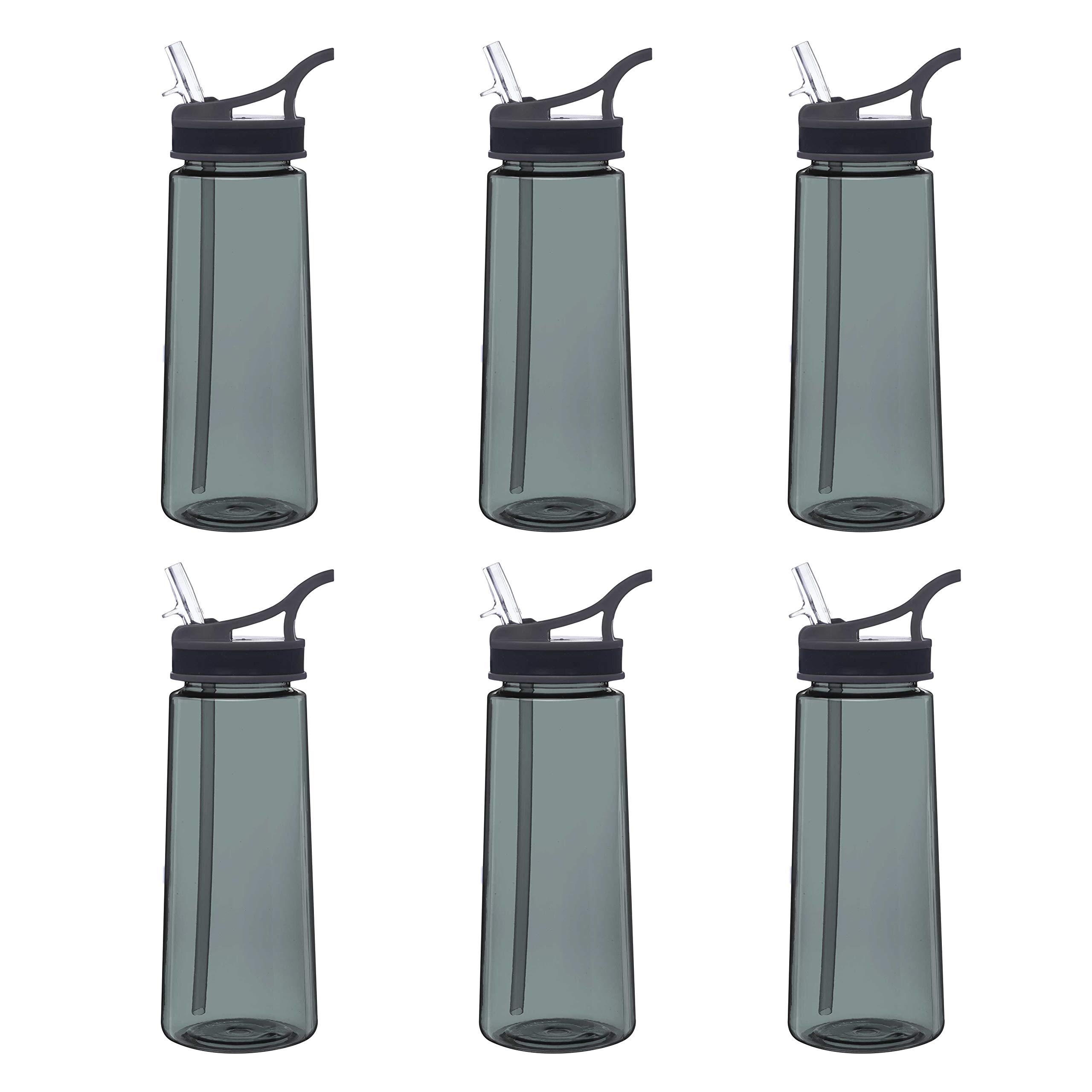 6-Pack 22oz Reusable Plastic Sports Water Bottles with Straw & Leak-Proof Lid - BPA-Free Gym, Hiking, Workout, Office & Travel Essentials - Charcoal Bulk Set for Active Lifestyle