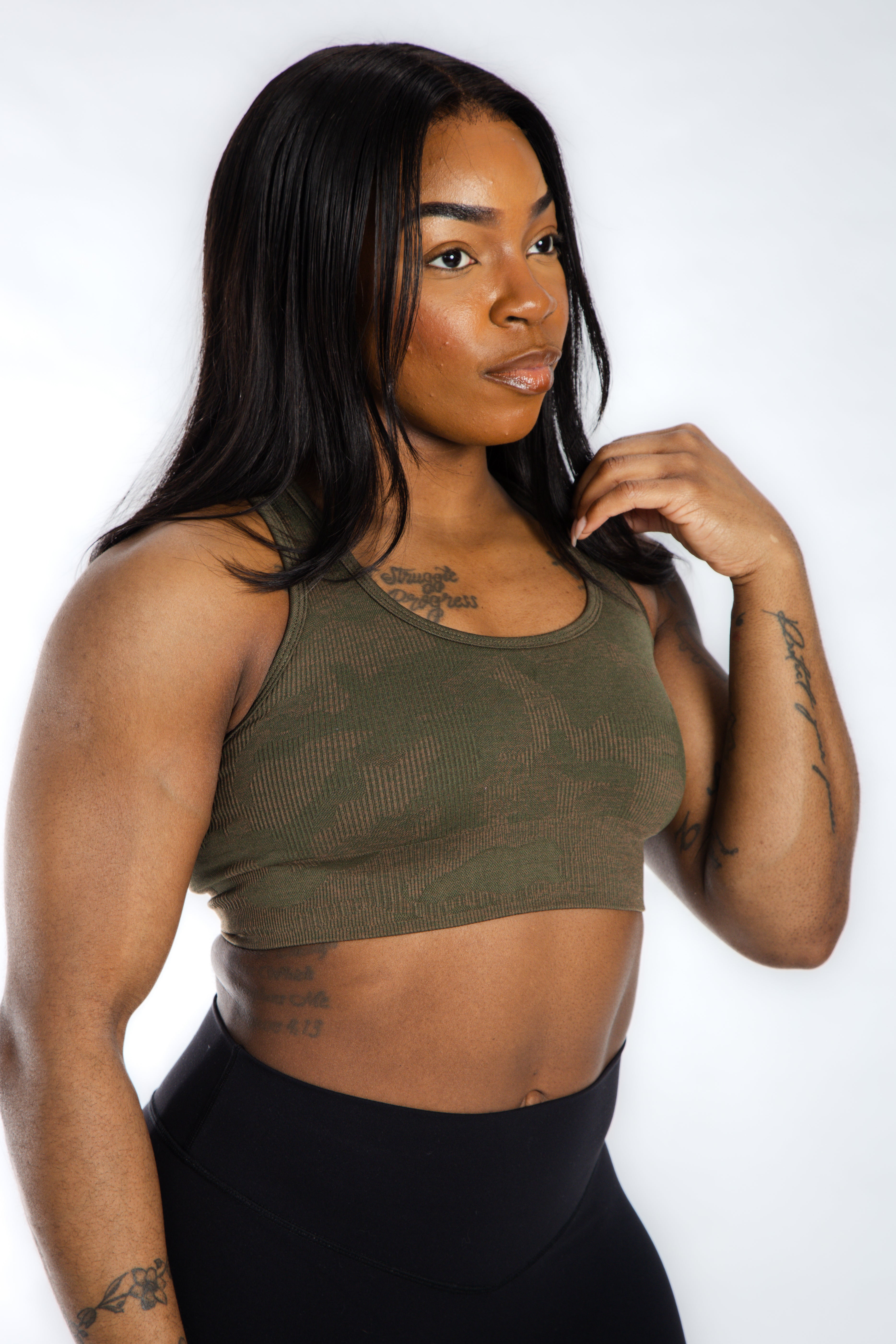 Seamless Bra for Women - Green & Brown Camo Pattern - Comfortable Wireless Support for Yoga, Workout & Everyday Wear