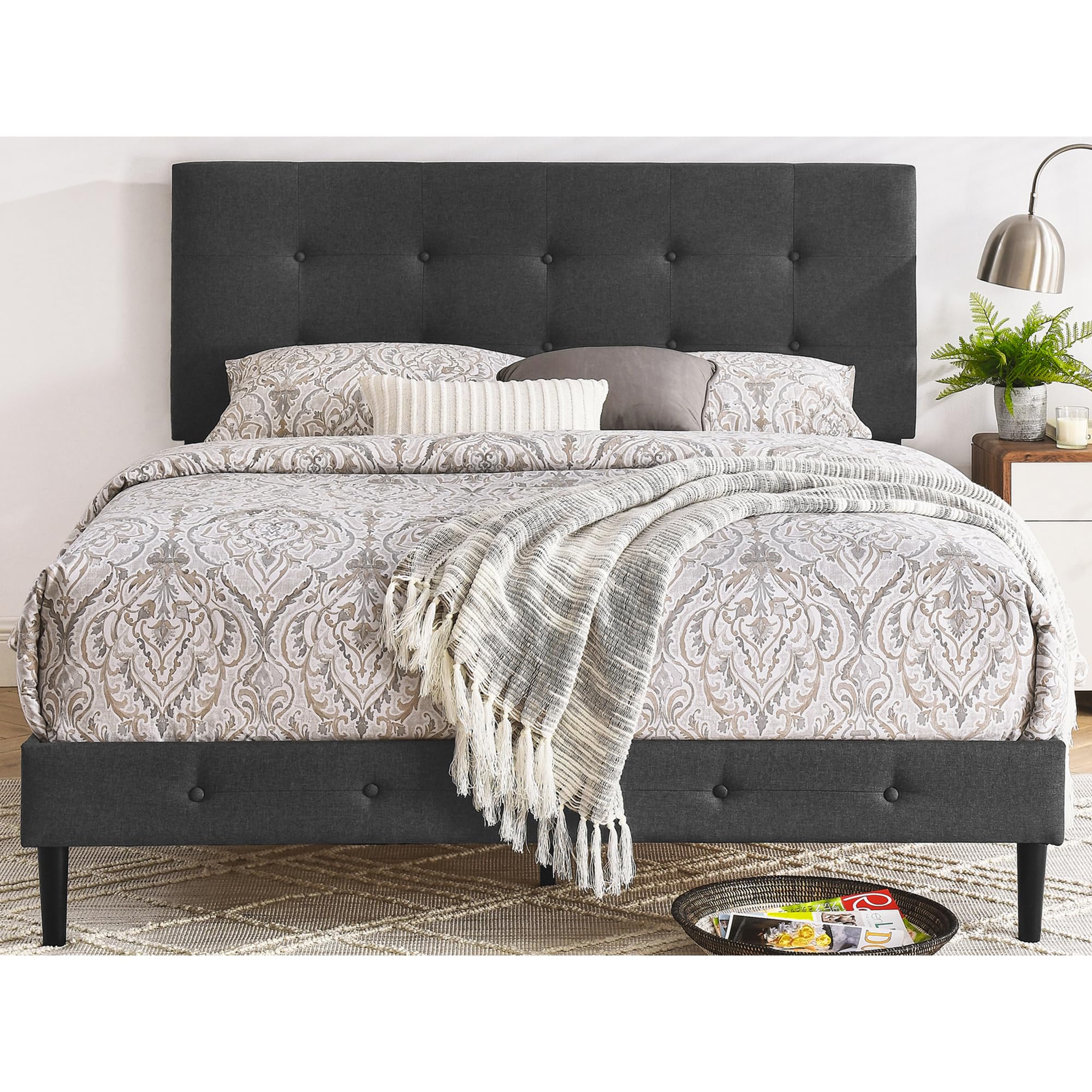 Cambridge Upholstered Wooden Platform Bed Frame - King Size Dark Grey - Modern Bedroom Furniture for Master Bedroom & Guest Room