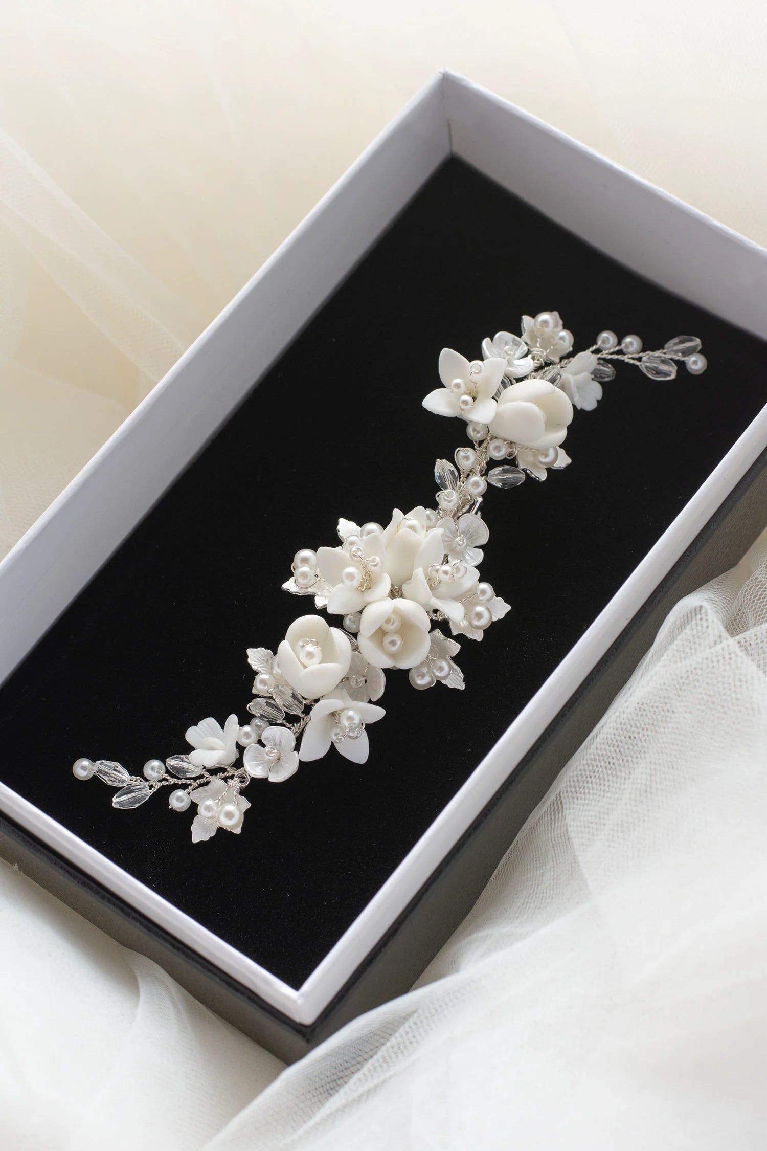 Caroline Delicate Porcelain & Crystal Floral Pearl Bridal Hair Clip - Elegant Wedding Accessory for Brides, Bridesmaids & Special Occasions