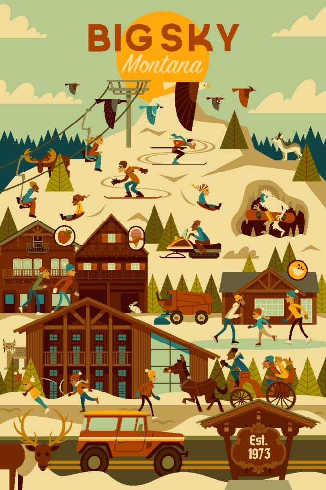 Big Sky Montana Ski Resort Geometric Wall Art Poster - 12x18 Inches - Modern Mountain Decor for Living Room, Bedroom & Office
