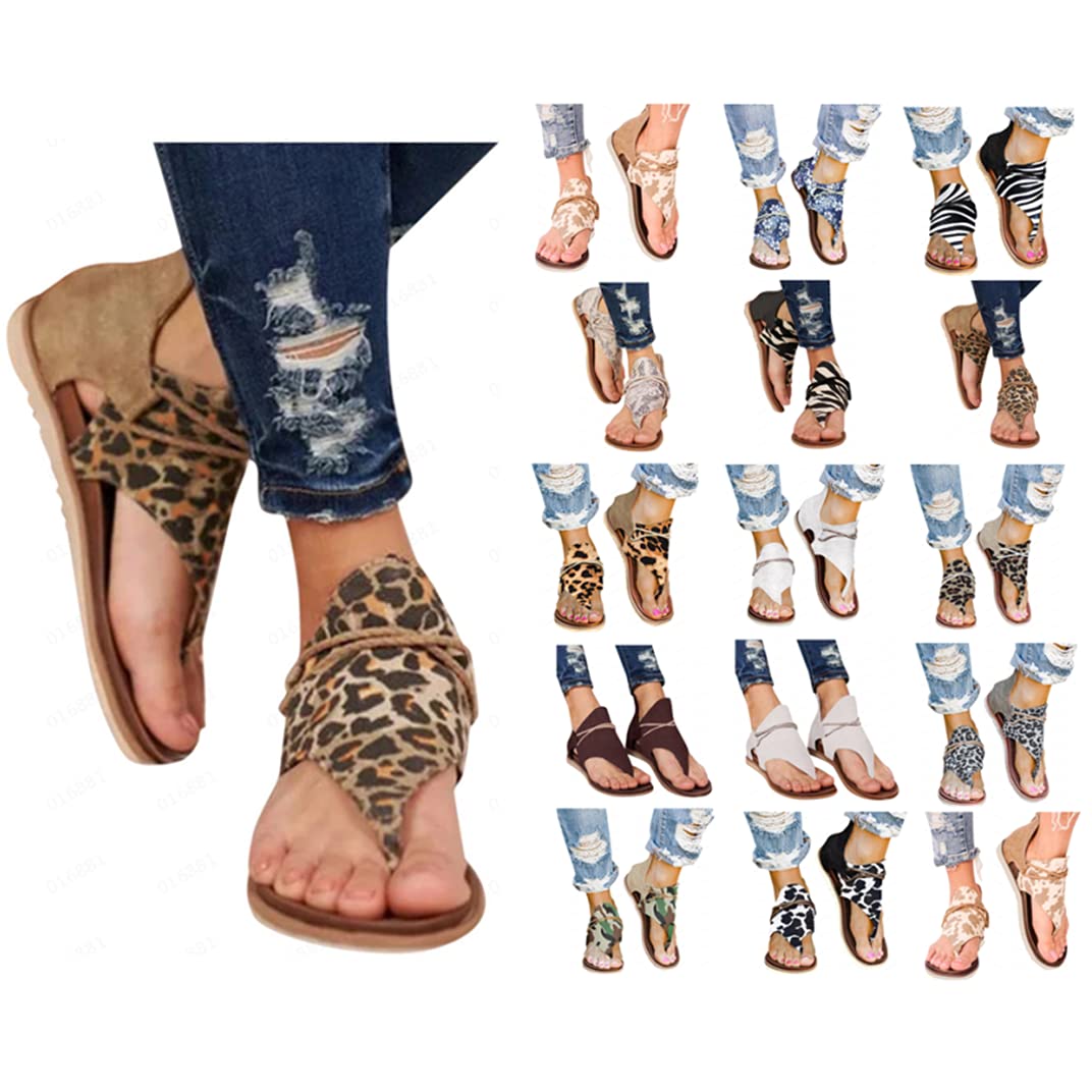 Women's Comfortable Flat Sandals with Back Zipper - Cute Leopard Print Gladiator Sandals for Summer Beach, Walking, and Casual Outfits