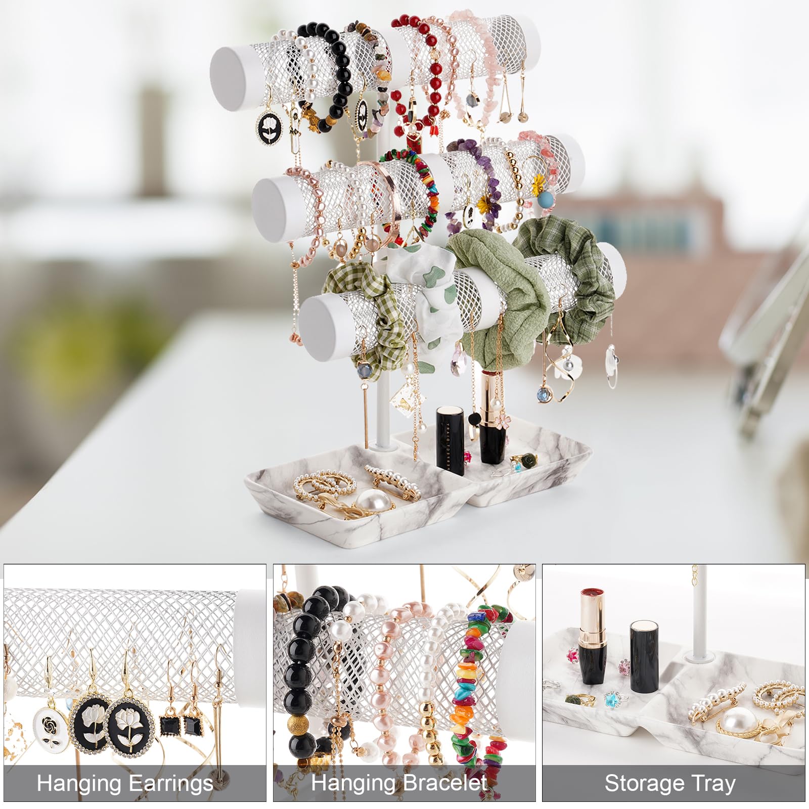 3-Tier Bracelet Holder & Jewelry Organizer Stand - Display Bracelets, Earrings, Necklaces, Watches & Scrunchies with Porcelain Ring Tray - Perfect Gift for Women - Ideal for Bedroom, Vanity & Boutique Displays