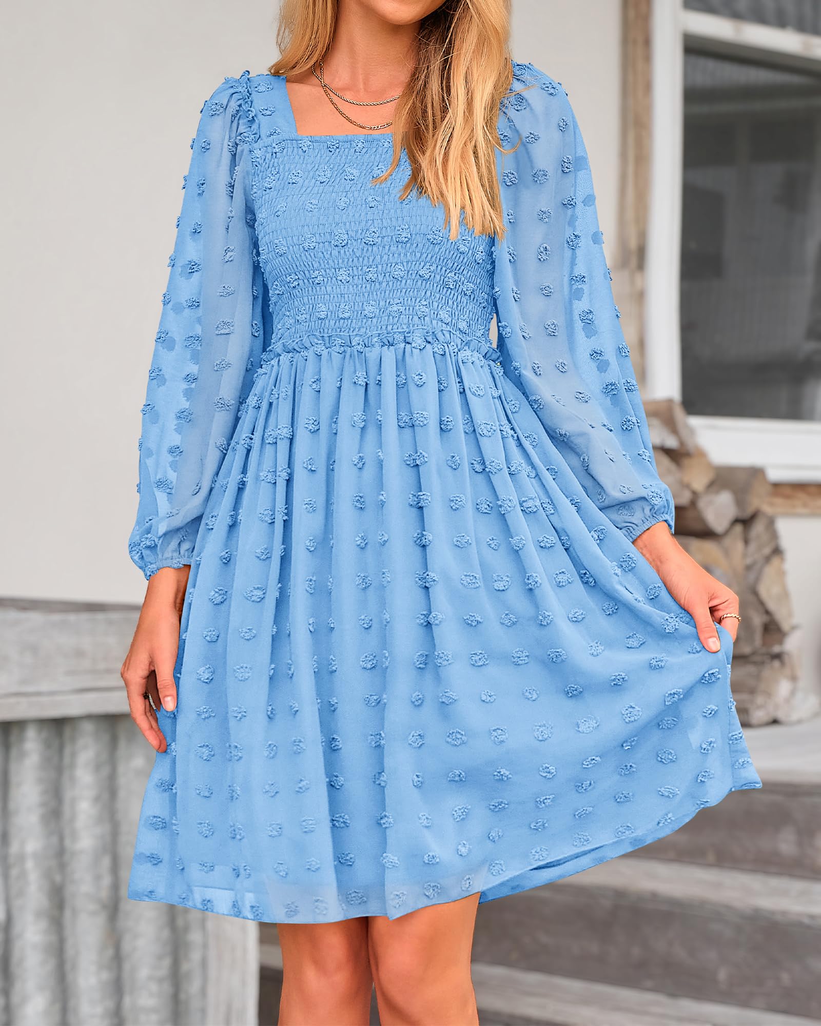 BTFBM Women's Square Neck Smocked Floral Swiss Dot Mini Dress - Long Sleeve Boho Wedding Guest Dress for Spring Summer 2025 | Perfect for Garden Parties, Bridal Showers & Casual Events