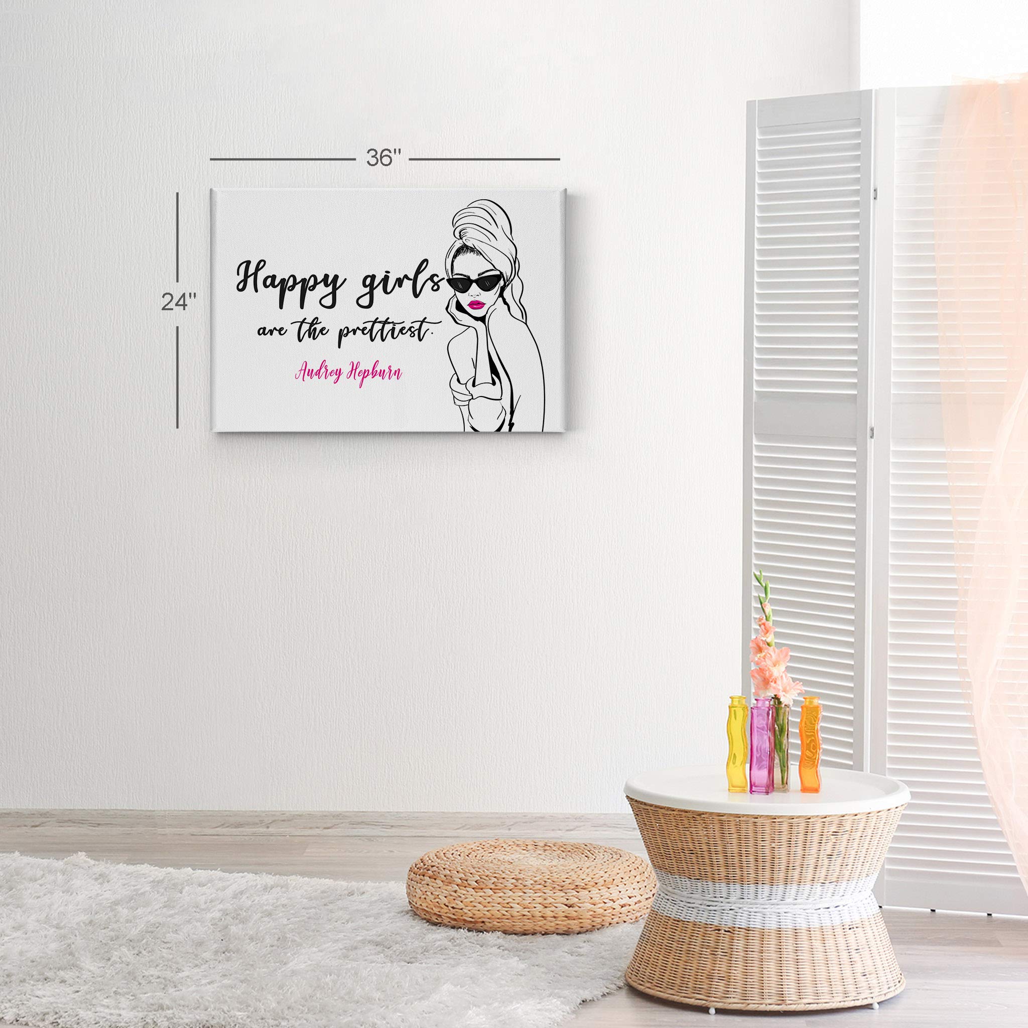 Happy Girls Are the Prettiest Audrey Hepburn Quote Canvas Wall Art - 24x36 Glam Fashion Print for Office, Bathroom, Teen Girl Room, Women's Dorm & Living Room Decor - Ready to Hang Inspirational Home Decor