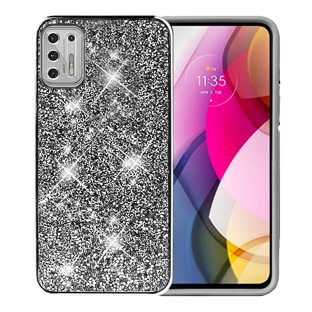 Premium Tempered Glass Screen Protector & Luxury Diamond Bling Glitter Phone Case for Motorola Moto G Stylus 2021 XT2115DL / G9 Stylus - Includes Free Gift Stand (Black) - Perfect for Everyday Protection & Stylish Accessorizing