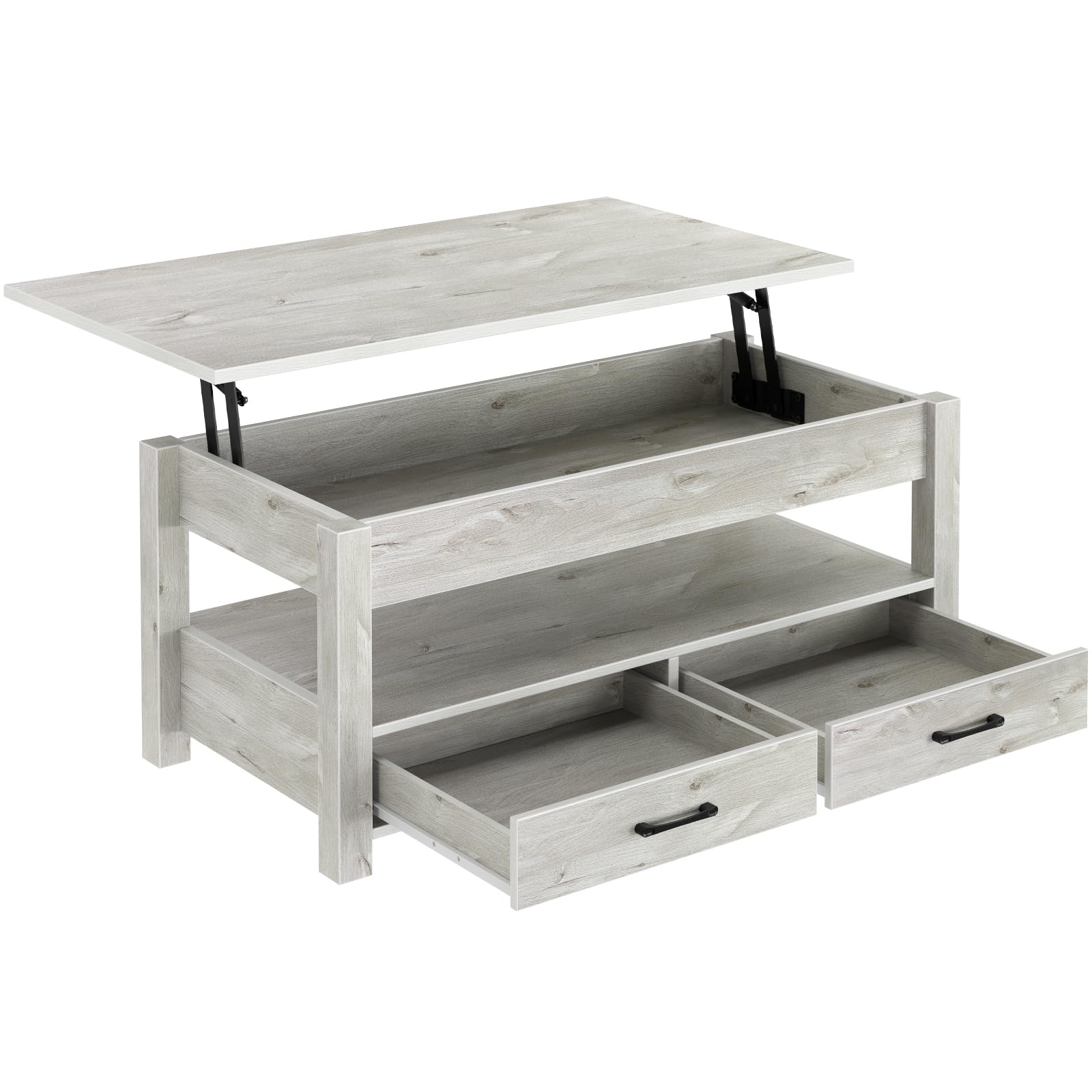 Rolanstar Lift Top Coffee Table with Drawers & Hidden Storage - Solid Wood Lift-Top Living Room Table, Grey - Perfect for Small Spaces, Home Office & Cozy Living Rooms