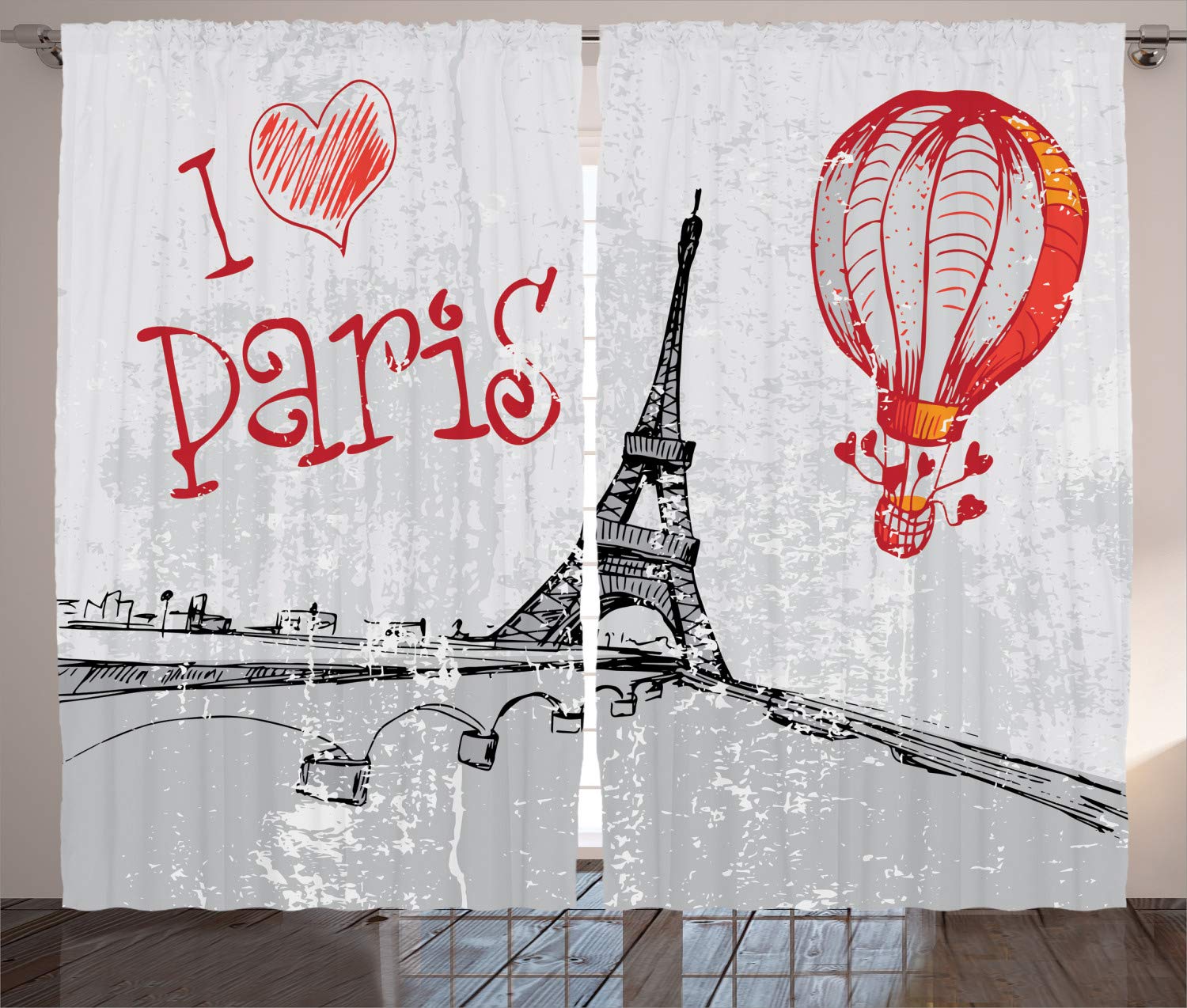 Ambesonne Love Curtains - Romantic Paris Hot Air Balloon with Hearts Doodle Print, 2 Panel Window Drapes for Living Room & Bedroom, 108