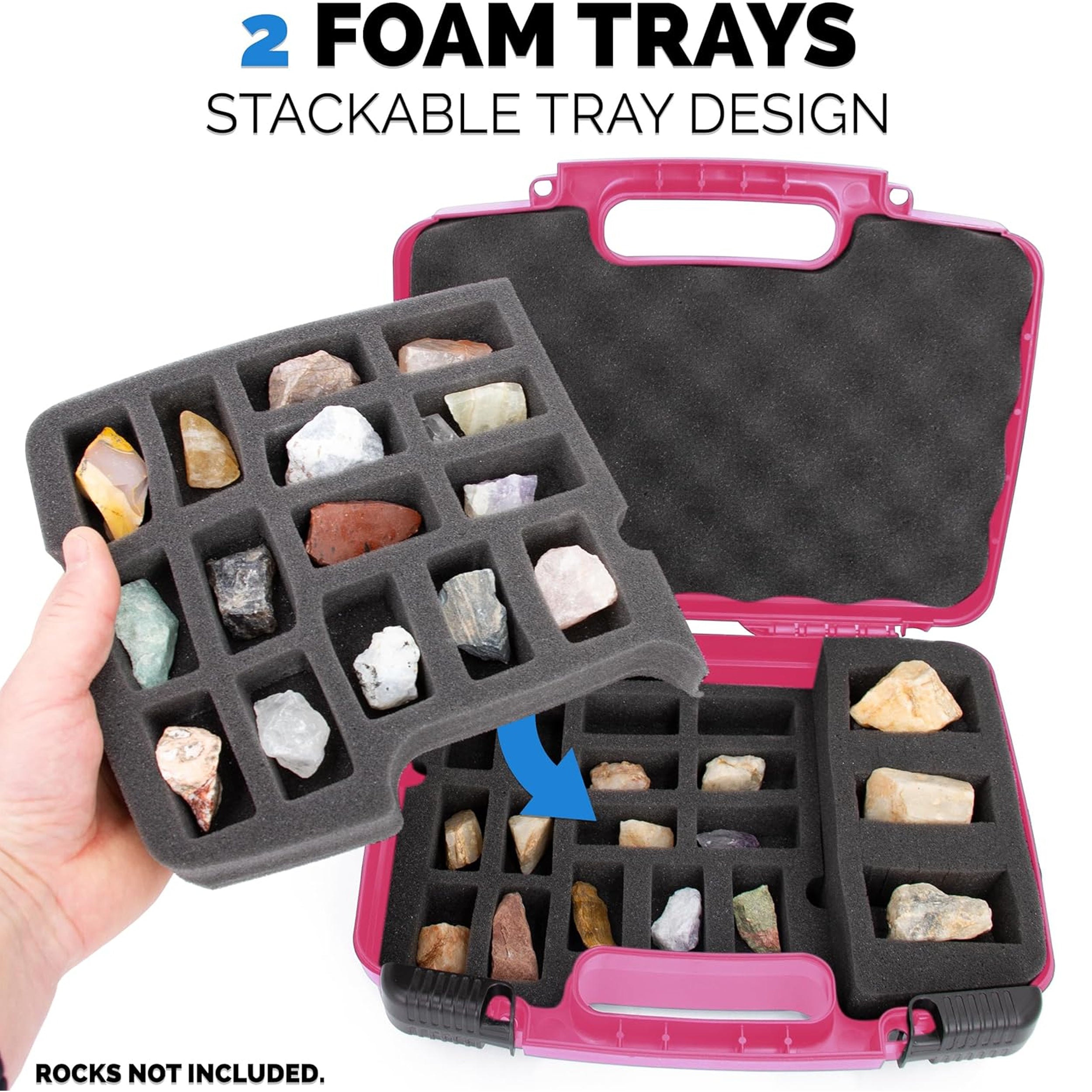 CASEMATIX Rock Collection Travel Case - 30 Slot Rock Storage Box with 2 Pre-Cut Foam Trays, Customizable Foam Sections for Crystal Protection | Perfect for Geology Field Trips, Mineral Collecting & Travel Organization