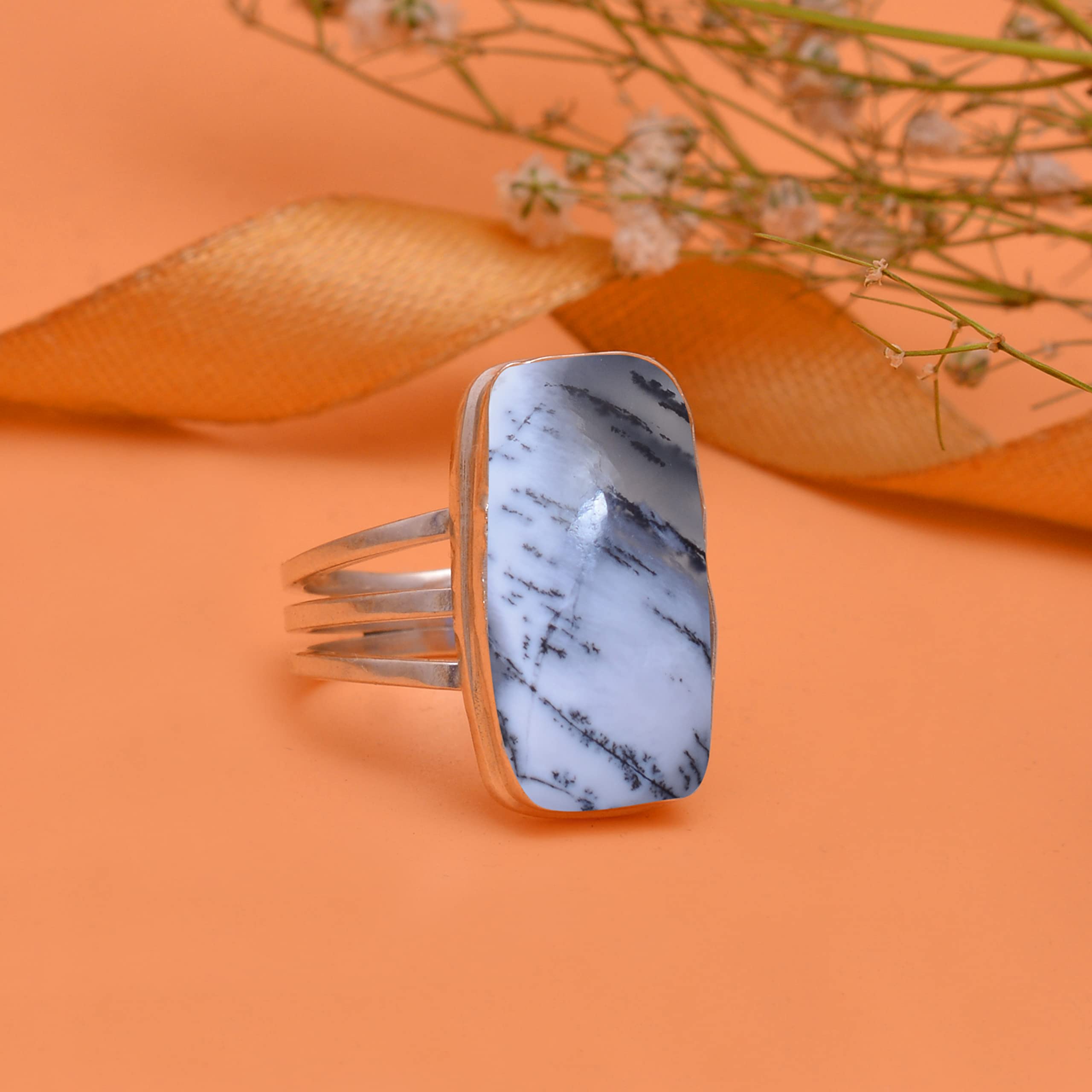 Veracity Jewelry Dendrite Opal & Dendritic Agate Ring for Women - 925 Sterling Silver Healing Meditation Ring - Black & White Gemstone Jewelry for Spiritual Energy & Chakra Balancing - Perfect for Yoga, Reiki & Mindful Living - VSR-797