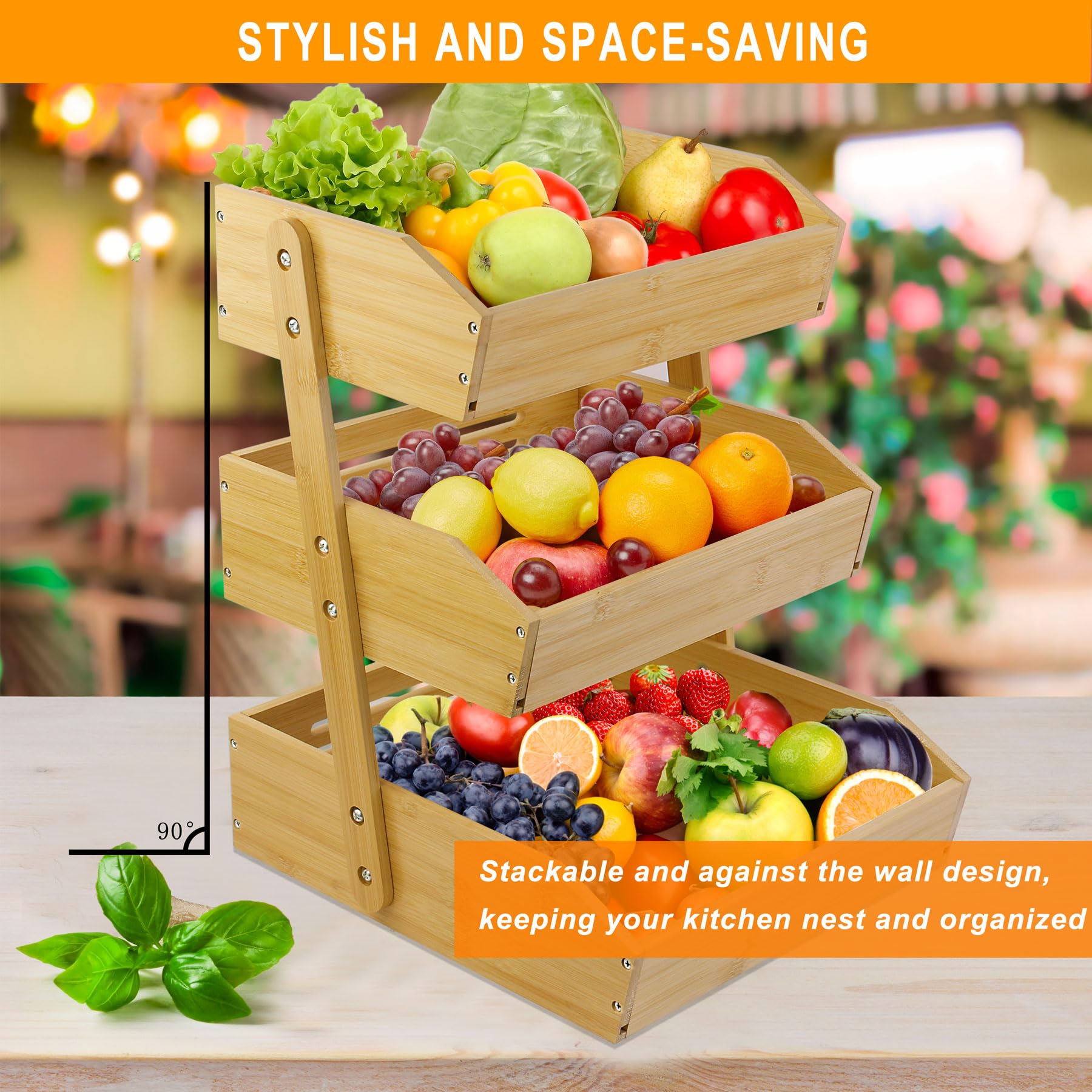 3-Tier Bamboo Fruit Basket Stand for Kitchen Counter - Large Fruit & Vegetable Storage Bowl, Display Rack for Fresh Produce - Perfect for Kitchen Organization, Pantry Storage & Healthy Snack Display