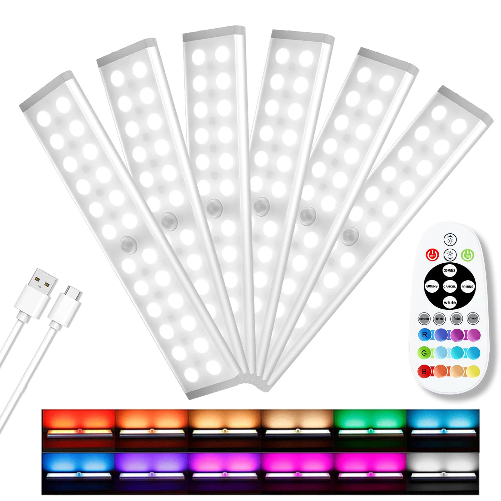 Diomart Rechargeable Under Cabinet Lights with Motion Sensor - 58 LED Wireless Night Lights for Kitchen, Wardrobe, Hallway & Stairs - Remote Control Included (6 Pack) - Perfect for Dark Spaces, Closets & Home Safety Lighting