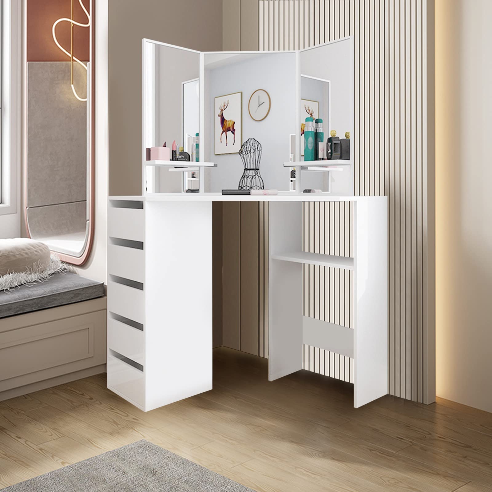 White Corner Vanity Desk with Three-Fold Mirror & 5 Drawers - Compact Makeup Dressing Table for Women & Girls - Perfect for Small Bedrooms, Apartments & Dorm Rooms - Space-Saving Cosmetic Organizer with Storage