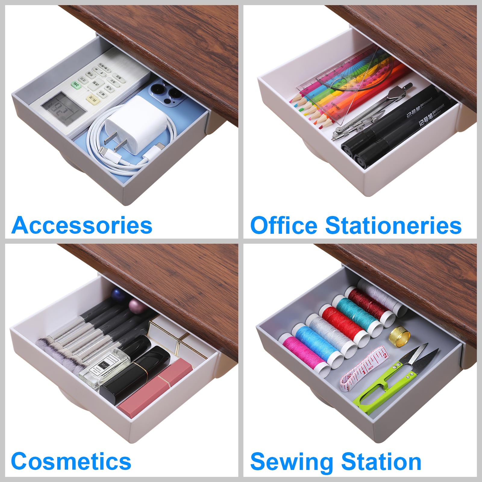 2 Pack Under Desk Drawer Organizer - Self-Adhesive Hidden Storage Tray for Pens, Pencils & Stationery | Slide-Out Design for Home Office & Workspace Organization | Space-Saving Gray Desktop Accessory for Clutter-Free Productivity