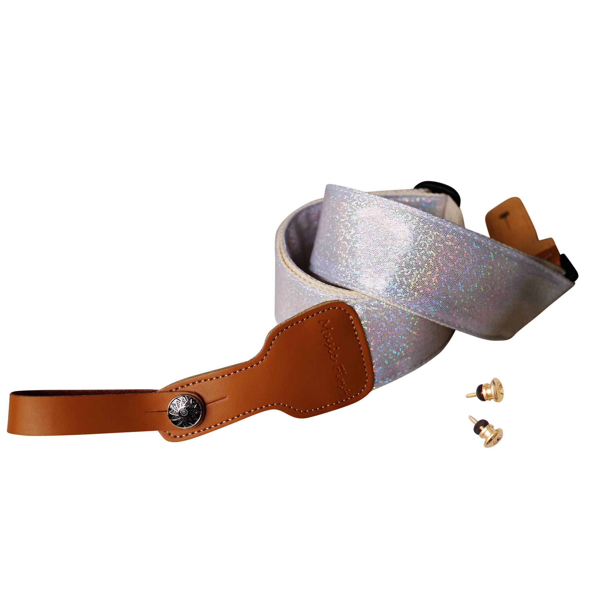 Premium Metallic Sparkle Guitar Strap - Adjustable & Padded for Electric/Acoustic Guitar, Ukulele, Mandolin - Stage Performance & Studio Use (White)