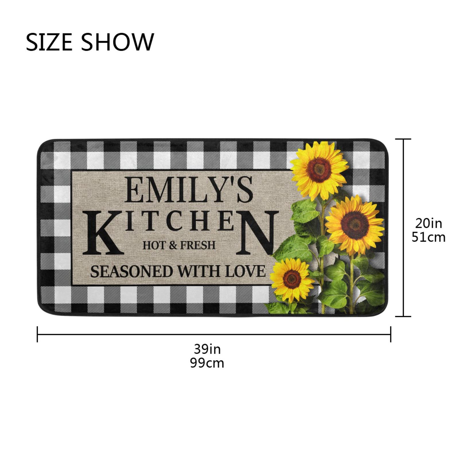 Non-Slip White Buffalo Plaid Kitchen Rug - Cushioned Anti-Fatigue Farmhouse Floor Mat with Sunflower Design (39x20 Inches) - Perfect for Kitchen, Laundry Room & Standing Work Areas | Personalized Home Decor Gift