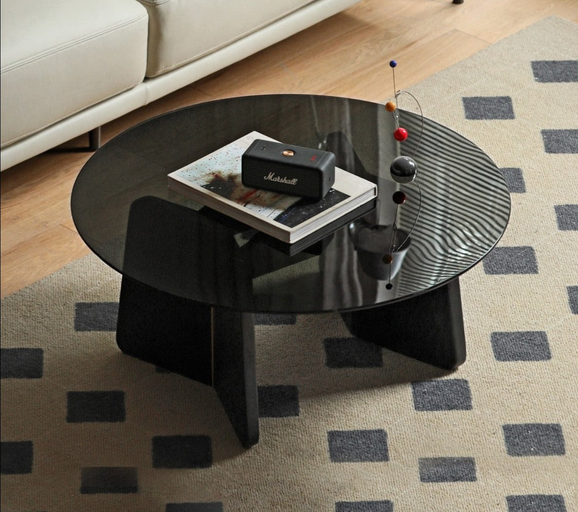 Solid Oak Wood Smoky Coffee Table with Glass Top - Modern Living Room Furniture for Home Decor