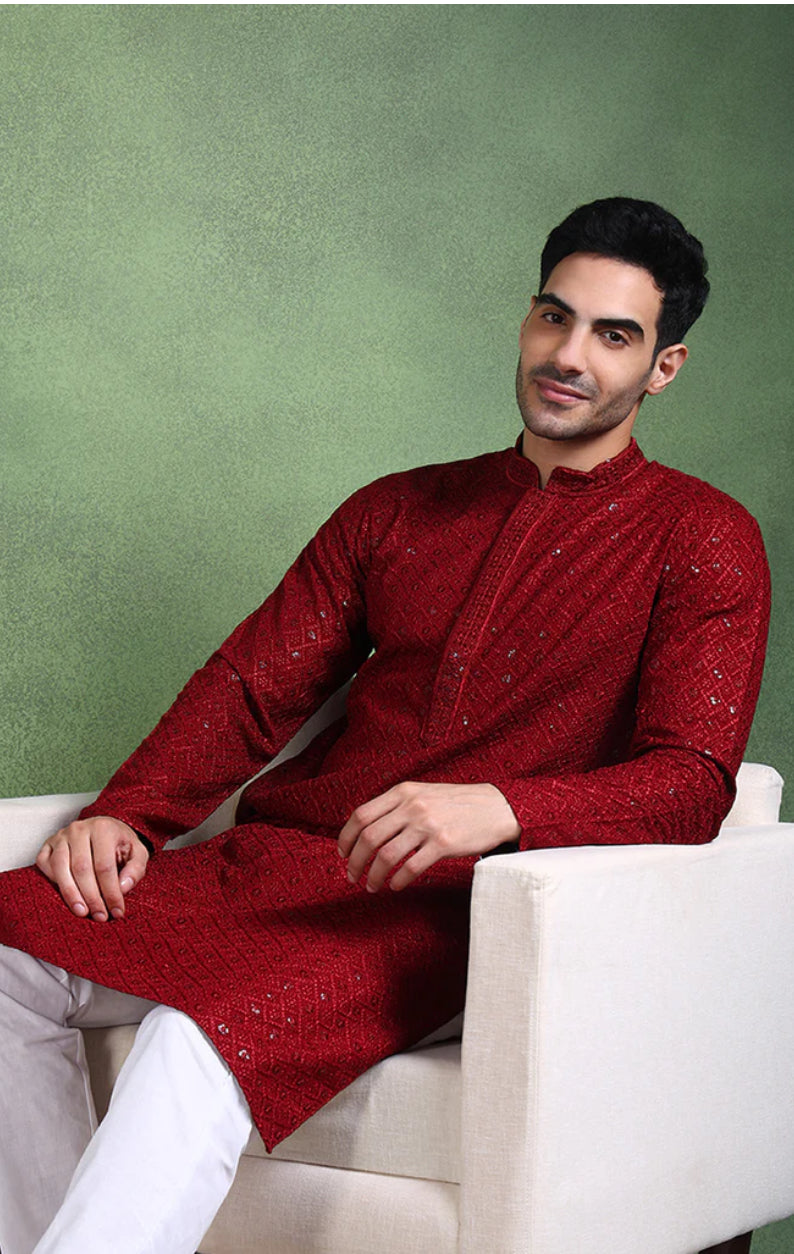 Elegant Chikankari Kurta for Men - Stylish Maroon Embroidered Tunic for Casual Wear & Festive Occasions