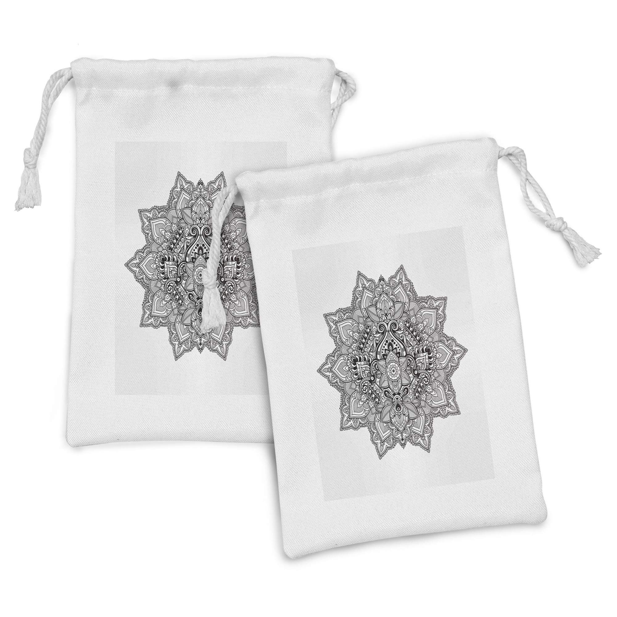 Ambesonne 2-Pack Lotus Fabric Pouch Set - Mandala Aztec Tribal Pattern Drawstring Bags (9