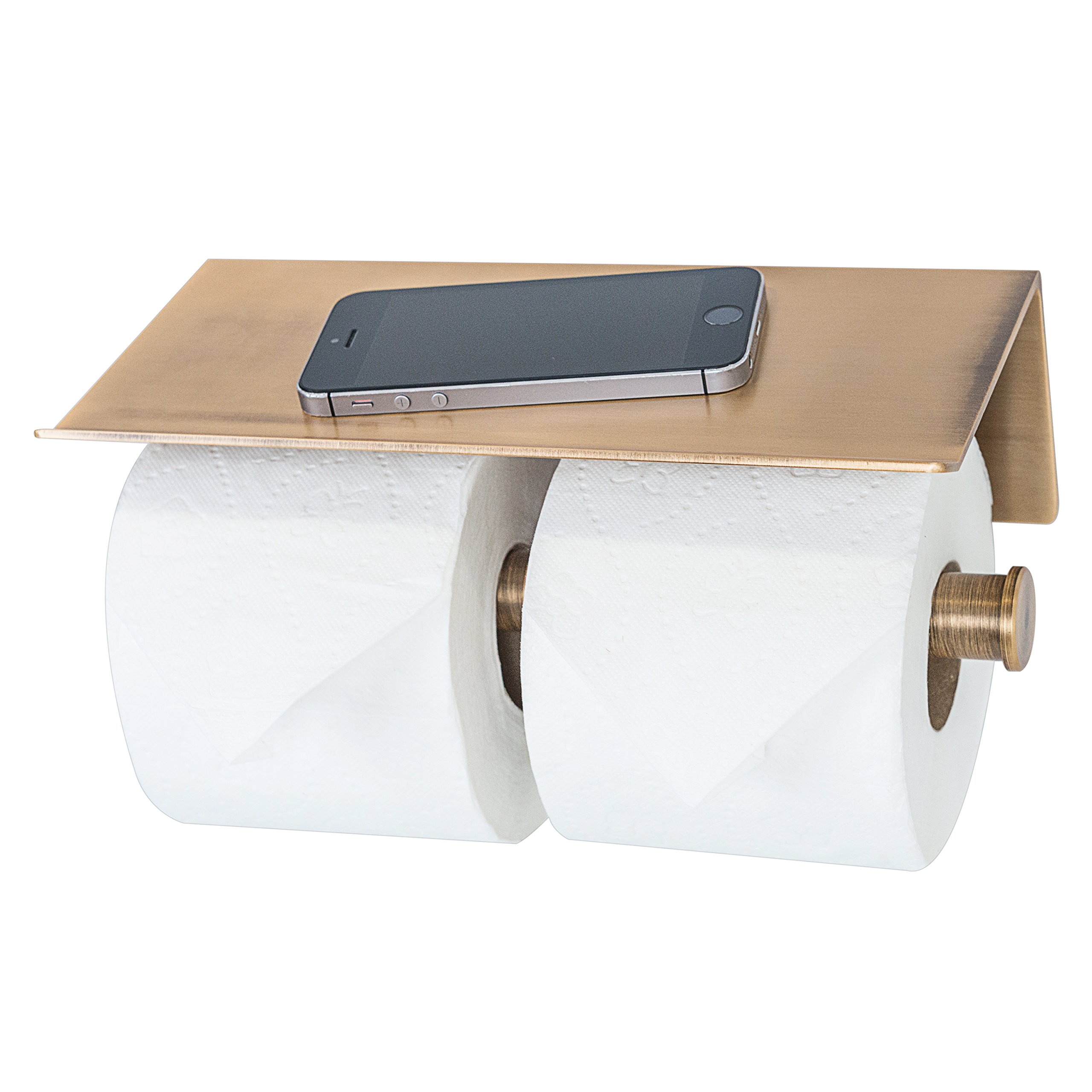 Modern Reversible Toilet Paper Holder with Phone Shelf - Bronze Double Roll Bathroom Organizer for Home & Office Use