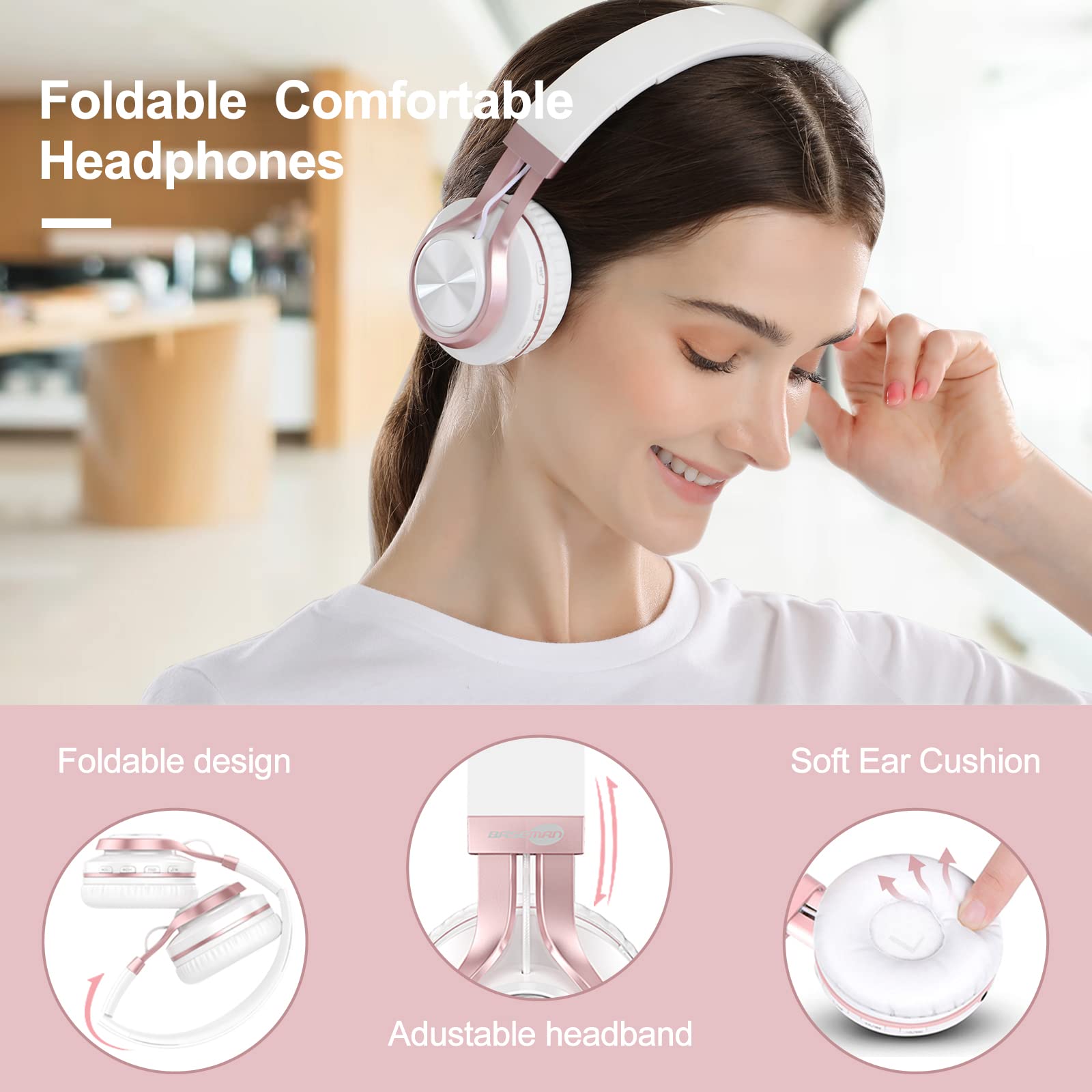 BASEMAN Wireless Over Ear Headphones with Microphone - 50H Playtime, Deep Bass Bluetooth Headphones for iPhone, Computer, Gaming, Travel - Comfortable Noise Cancelling Headset for Women, Teens (White Rose Gold) - Perfect for School, Commuting & Work from Home