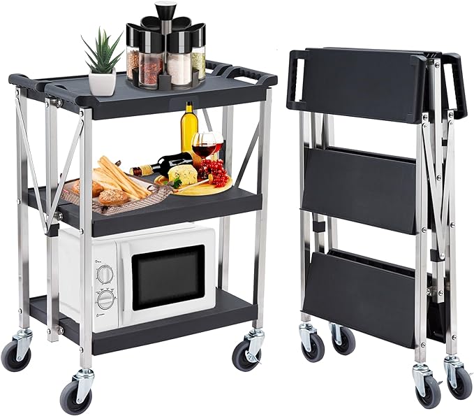 GARVEE 3-Tier Foldable Utility Cart with Locking Wheels - Heavy Duty 330Lbs Capacity Rolling Service Cart for Home, Office, Warehouse - Perfect for Storage, Organization & Mobile Workstations