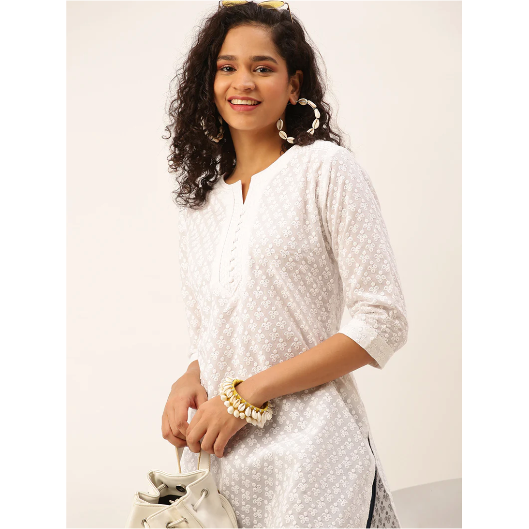 Elegant Chikankari White Short Kurti for Women - Traditional Indian Embroidered Tunic Top for Casual Wear & Festive Occasions