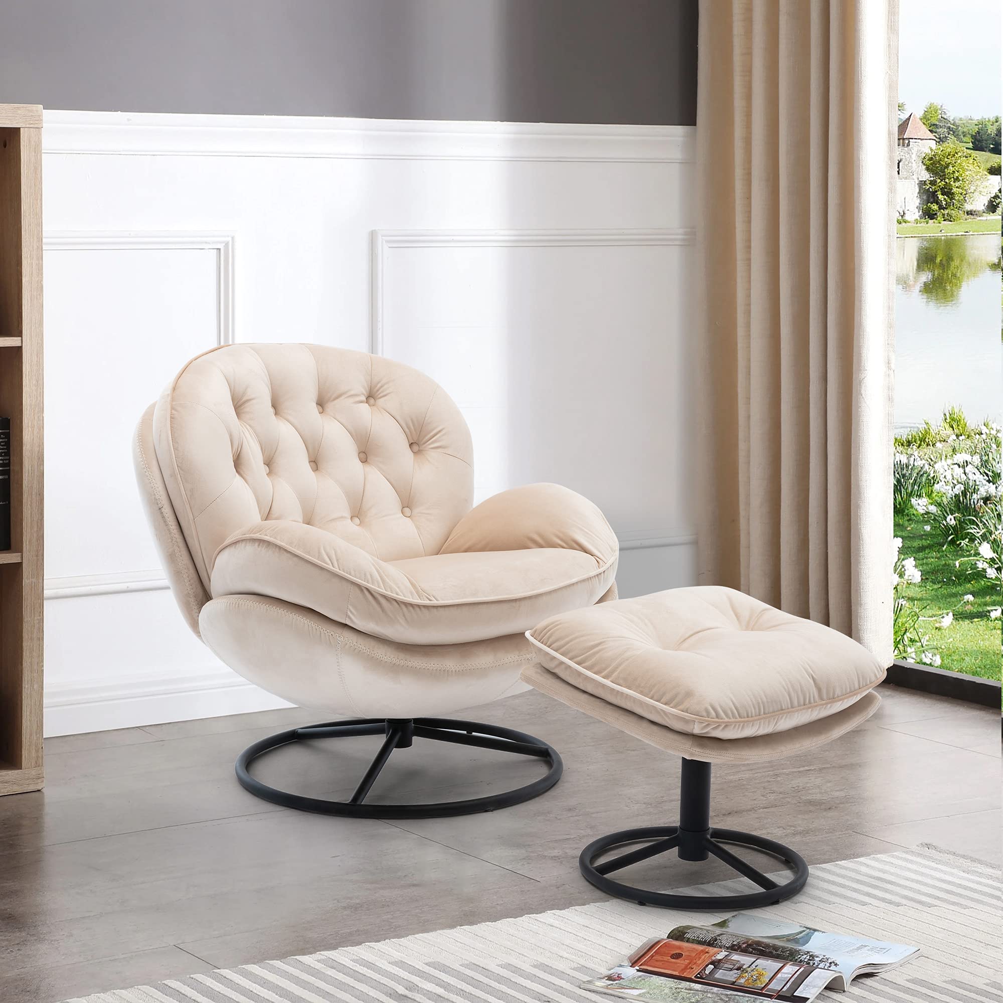 Modern Velvet Swivel Accent Chair with Ottoman Set - Comfy Lounge Armchair with Sturdy Metal Base & Footrest for Living Room, Bedroom, Reading Nook - Perfect TV Chair & Relaxation Spot (Beige)