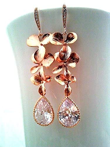 Elegant Rose Gold Orchid Drop Earrings for Women – Perfect for Weddings, Parties & Special Occasions