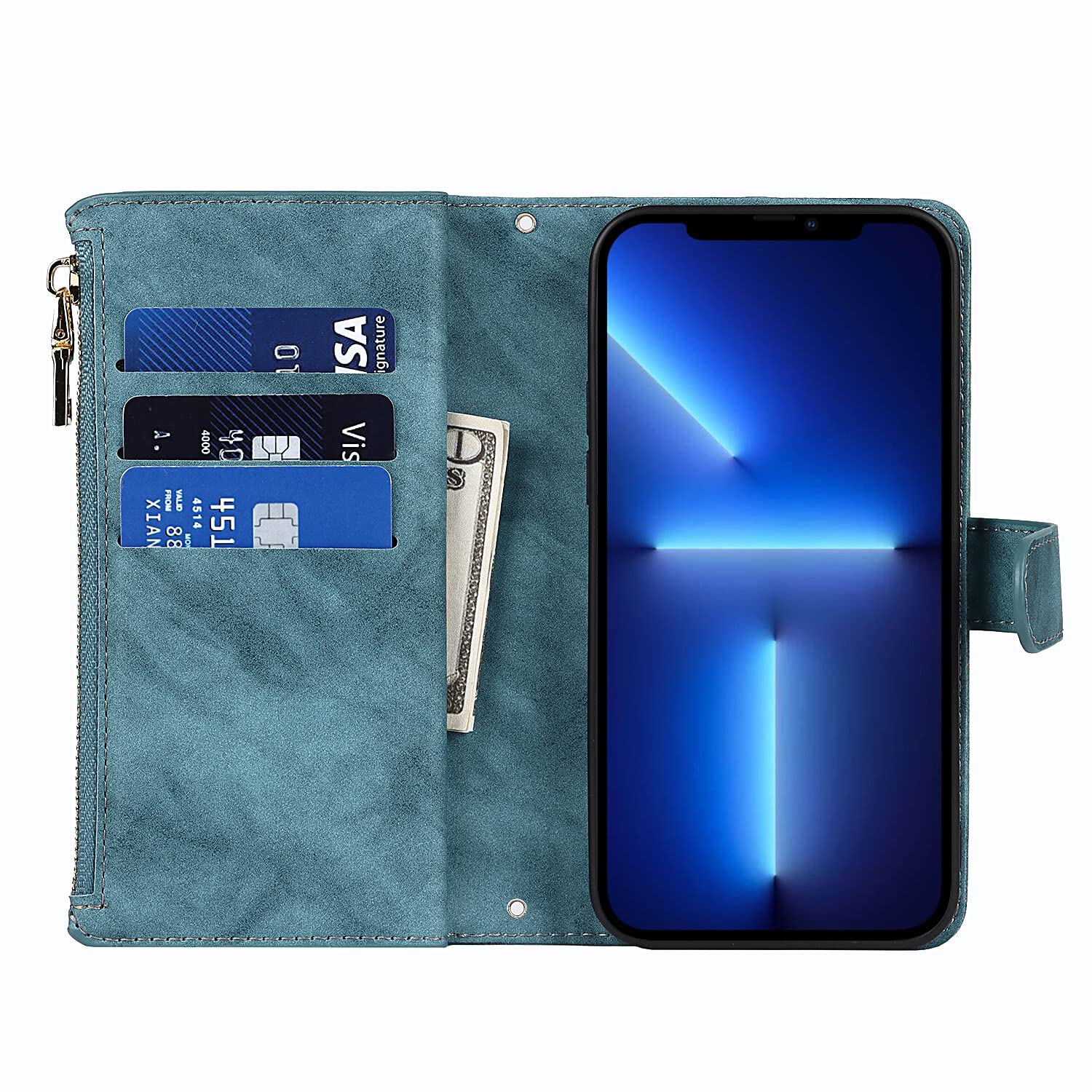 Premium Leather Magnetic Wallet Case for iPhone 13 Pro - Crossbody Strap & Stand Function, Card Holder, Protective Cover (Light Blue) | Perfect for Travel, Work & Everyday Use
