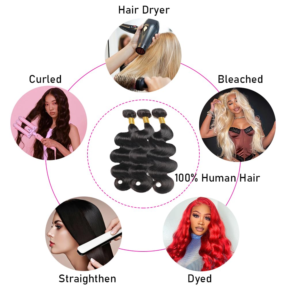 12A 100% Unprocessed Brazilian Virgin Human Hair Bundles - 18/20/22 Inch Body Wave Hair Extensions (3 Bundles) - Natural Black for Women | Perfect for Daily Styling, Parties & Special Occasions