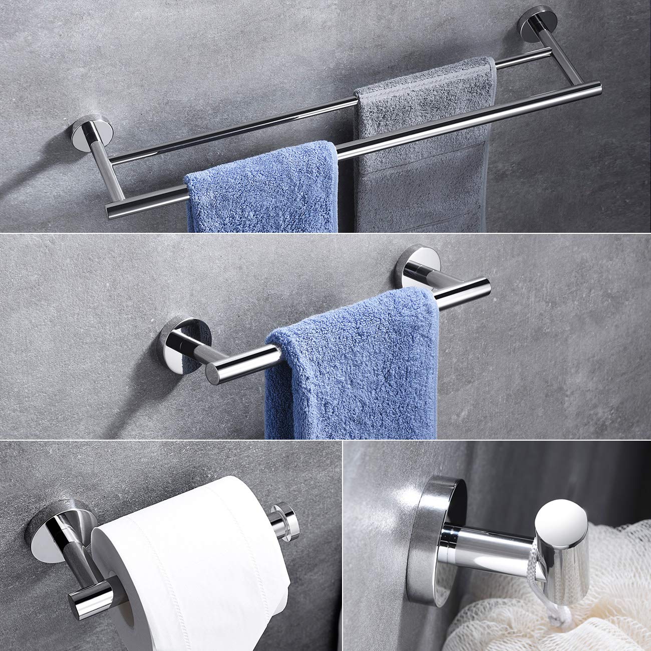Premium 4-Piece Bathroom Accessories Set - Polished Stainless Steel Wall Mounted Towel Bar, Hand Towel Rack, Toilet Paper Holder & Robe Hooks - Modern Bathroom Organization for Home & Hotel Use