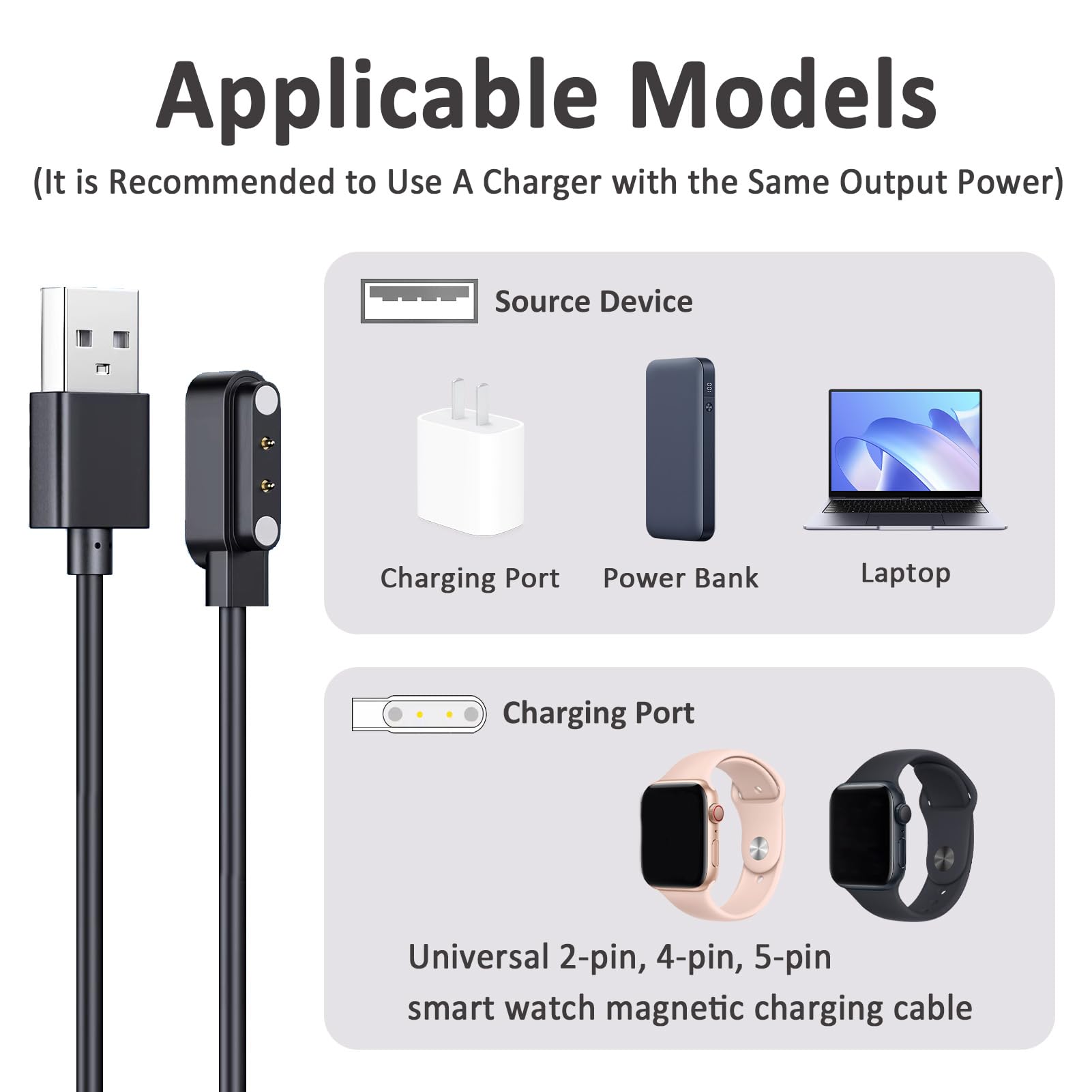 Hukneqn Smart Watch Charger - 2 Pin 4mm Magnetic USB Charging Cable for YAMAY SW022/Ticwatch GTX/Haylou RT LS05S/AGPTEK LW11 | Portable Black Watch Charger with Safety Features | Perfect for Travel, Gym & Daily Use