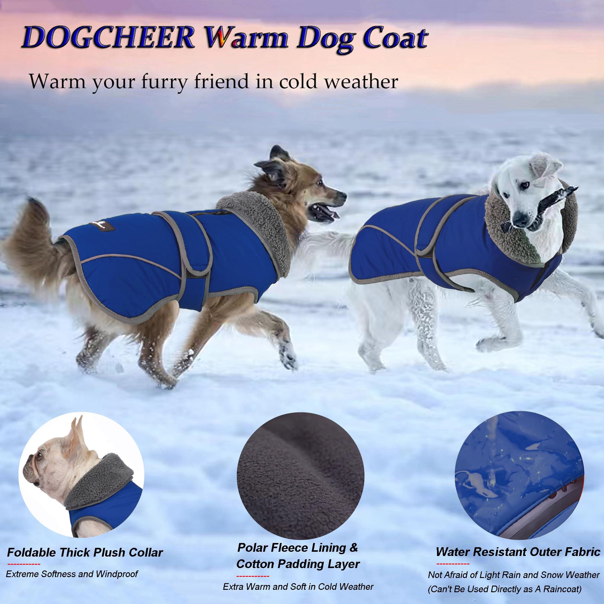 Dogcheer Waterproof & Reflective Winter Dog Jacket - Warm Fleece Coat with Turtleneck & Leash Hole for Small Medium Large Dogs | Cozy Snowsuit for Cold Weather, Outdoor Walks & Winter Adventures - Blue, Size L