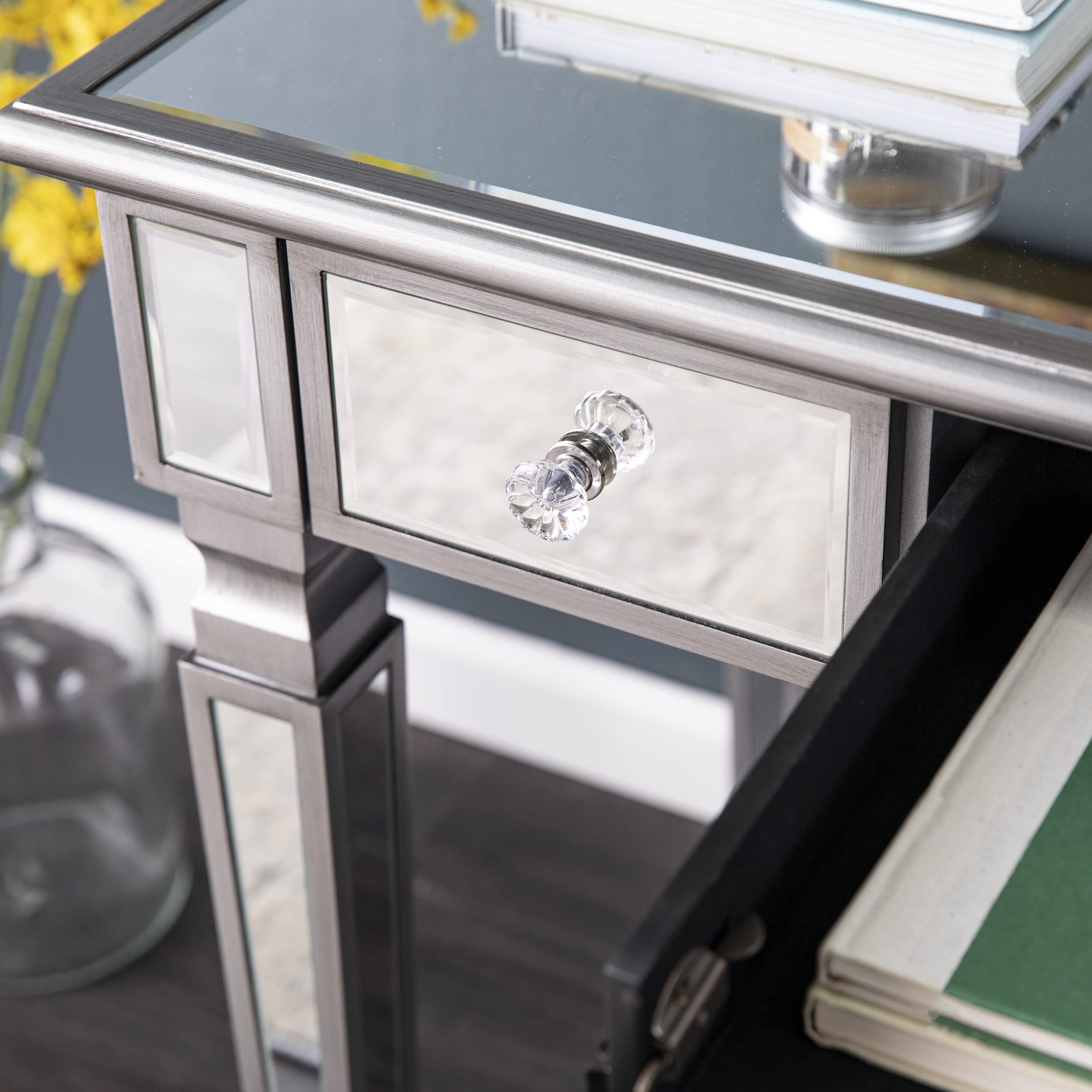 SEI Furniture Wedlyn Mirrored Writing Desk - Silver Finish Modern Home Office Desk with Mirror for Small Spaces | Perfect for Study, Work, or Vanity Makeup Area