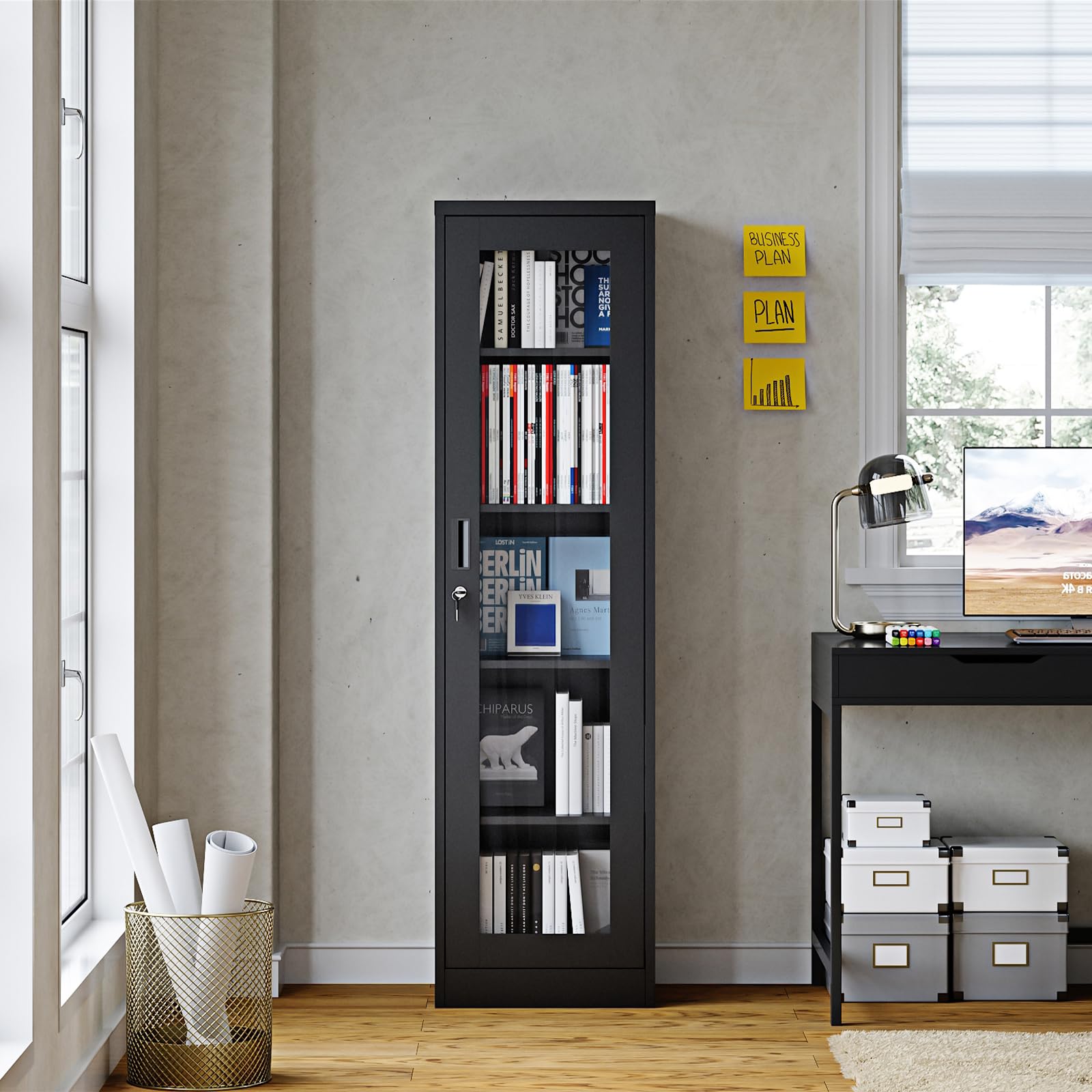 Glass Door Display Cabinet with 4 Adjustable Shelves - Locking Curio Cabinet for Home, Office, Clinic & Pantry - Easy Assembly Required (Black, One Door-A) - Perfect for Showcasing Collectibles, China & Home Decor