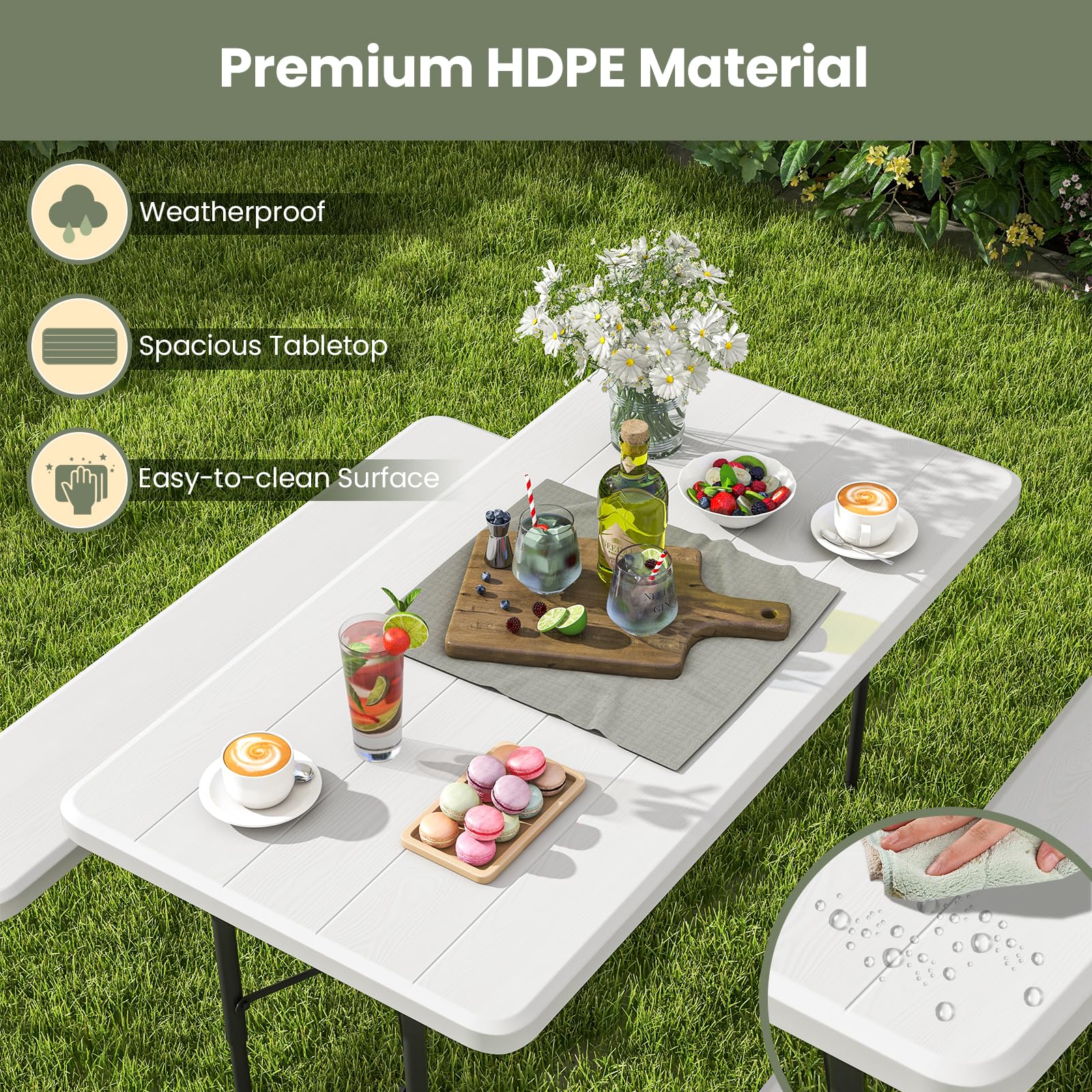 Tangkula Folding Picnic Table with 2 Benches - Portable Outdoor Camping Table Set with Wood-Like Plastic Tabletop & Sturdy Steel Frame - Foldable for Picnics, BBQs, Parties, Camping & Backyard Gatherings (White)