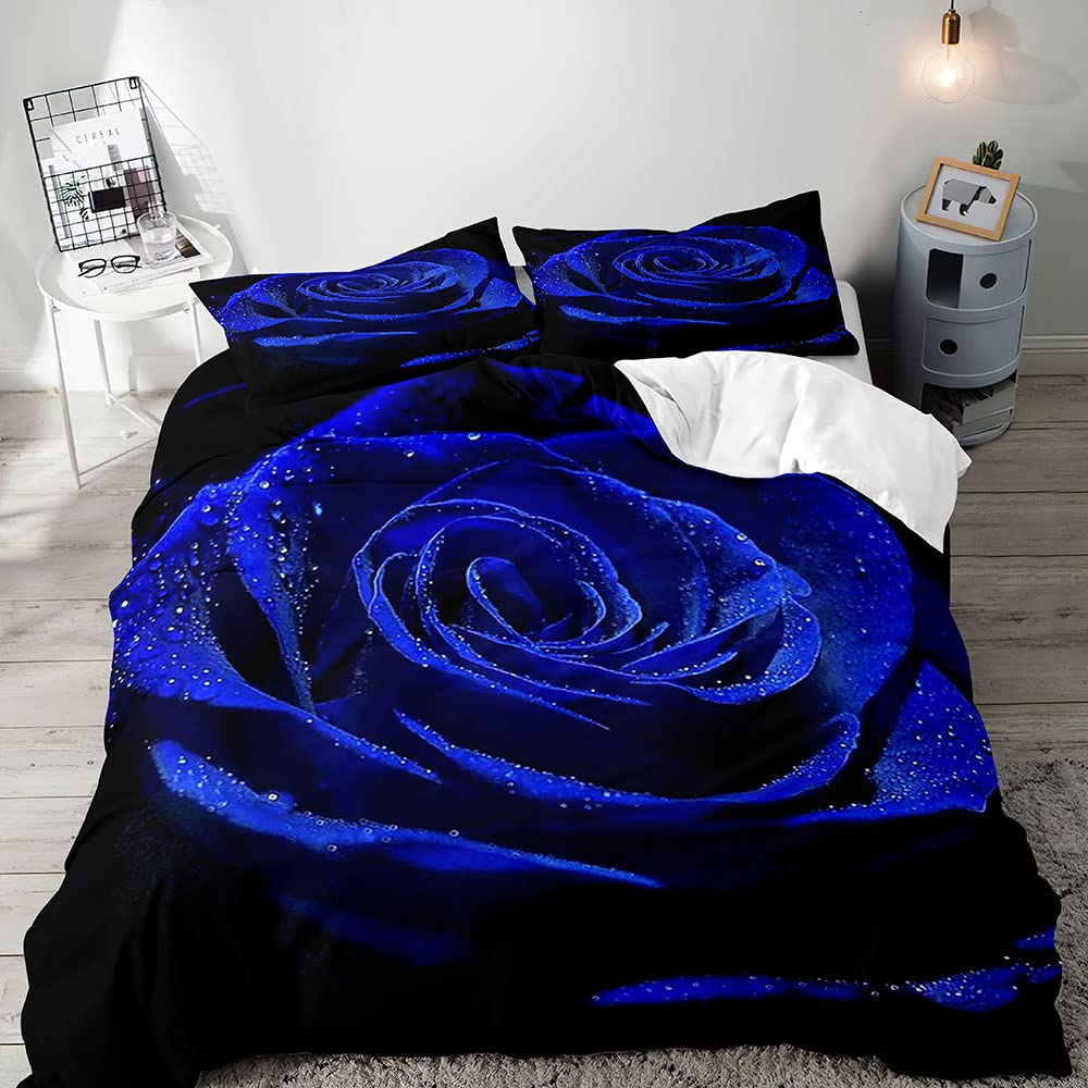 VIVIHOME 3-Piece Royal Blue Rose Duvet Cover Set King Size - Valentine's Day Floral Bedding Comforter Cover with 2 Pillowcases - Elegant Bedroom Decor for Women, Girls, Wife & Girlfriend - Perfect Romantic Gift for Her - Ideal for Master Bedroom, Guest Room & Special Occasions