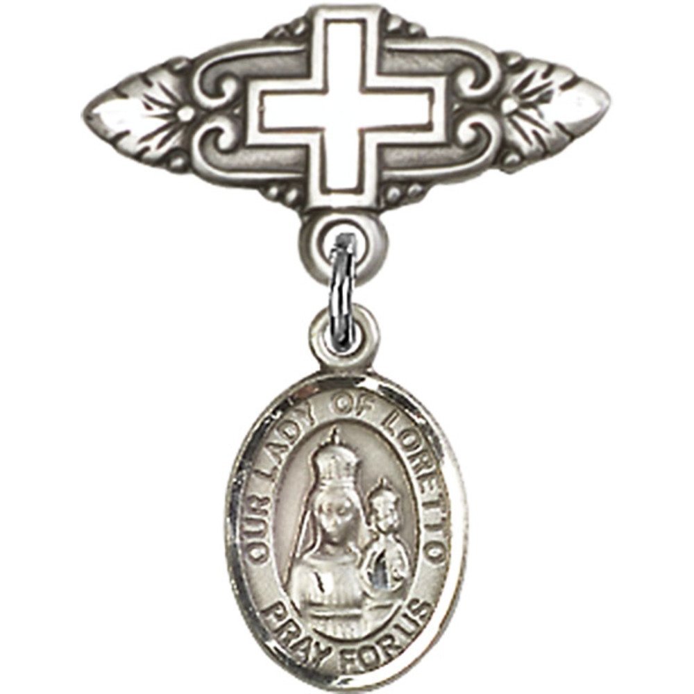 Sterling Silver Baby Badge with Our Lady of Loretto Charm & Cross Pin - 1
