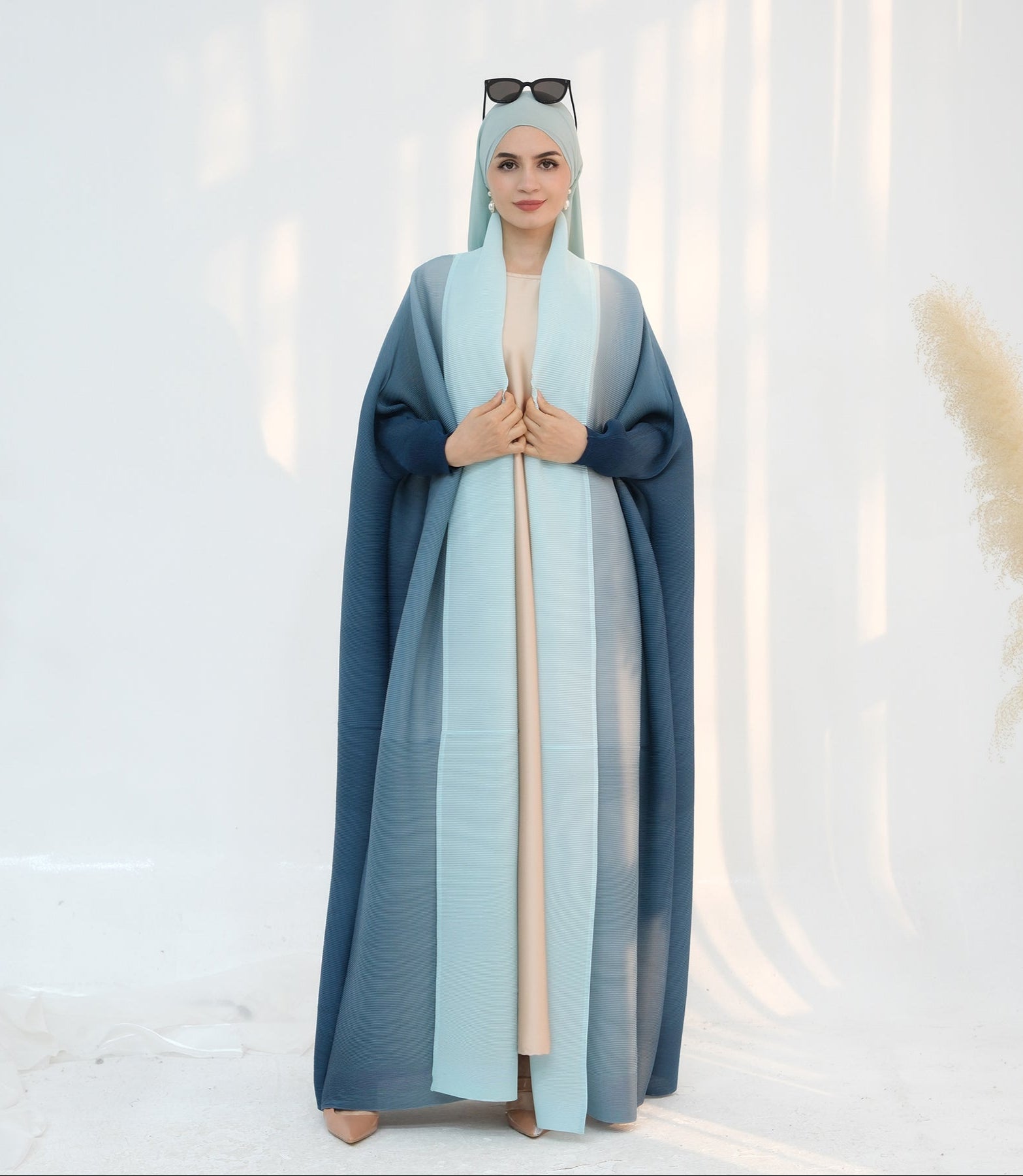 Elegant Pleated Ombre Kimono Open Abaya Dress - Blue Flowy Maxi Robe for Women | Perfect for Beach Cover Up, Evening Parties & Boho Fashion